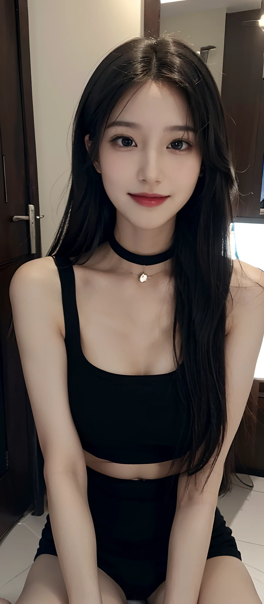 (realistic, high resolution:1.3), (face close up), 1 girl with perfect figure, super fine face and eyes, black hair, long hair, tank top: 1.2 in random colors, short skirt, inside house, big breasts, nipples, choker, smile