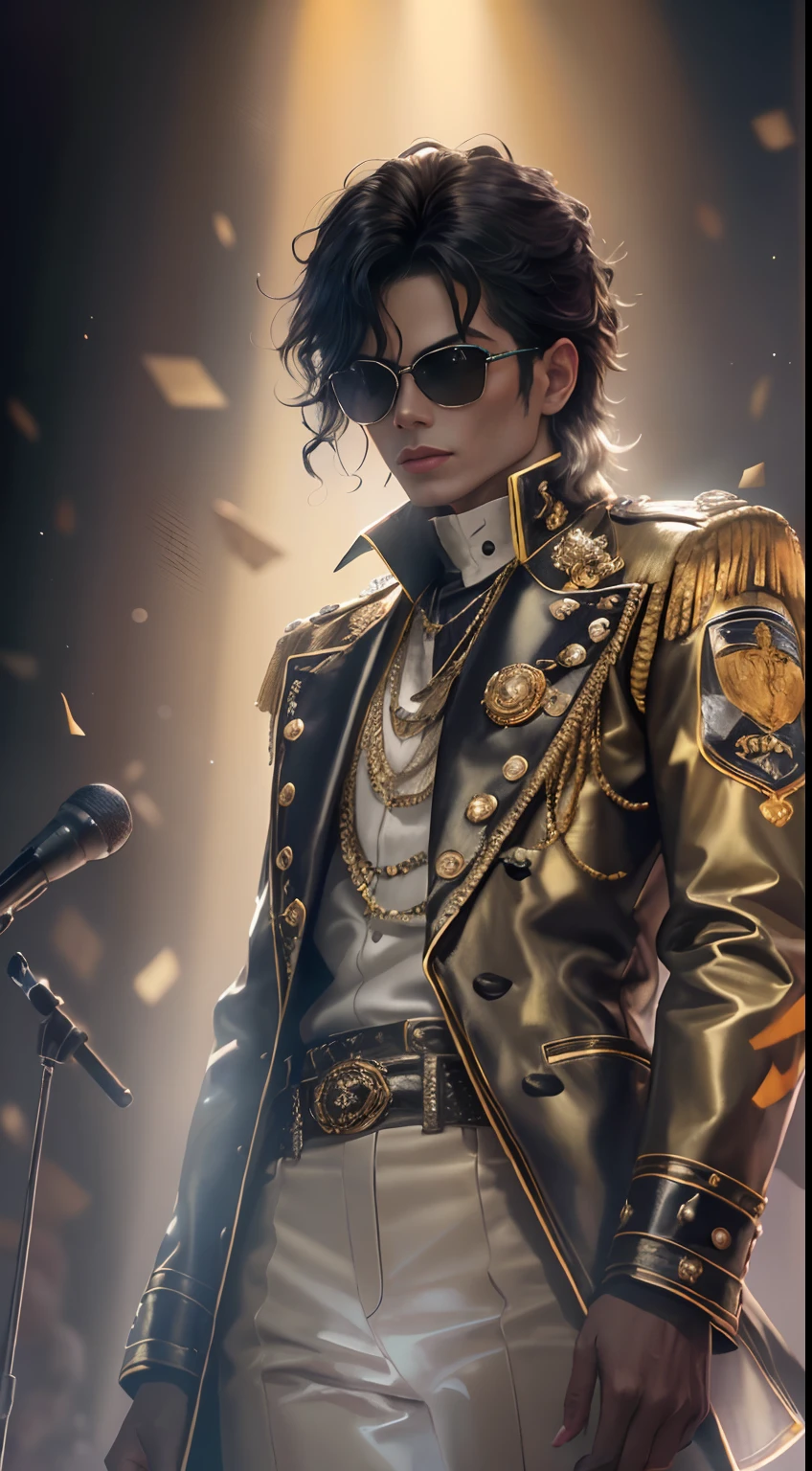 Michael Jackson concert，tmasterpiece，8K，high definition resolution，cinmatic lighting，theater，lamplight，perform，Michael jackson，((microphones:1.3))，Concert，performance，Fashionable clothes，short  skirt，singers，idoly，hyperdetailed face, Detailed eyes, 二重まぶた，((Ultra-detailed)),((Delicate face)), Beautiful detailed eyes, (high light,Gradient hair), GSHea，The eye,Genshin_impact,Look at the viewer, ((Distant view)), Strong light and shadow, Cinema lenses，tmasterpiece，Super quality，theater stage，Big eyes，Mike Jackson sings through a microphone on stage in a straitjacket,  Wear stage costumes,  singing on stage, Wear tights,  wearing bodysuit,Stylish lenses，michael jackson in a gold outfit and sunglasses, Michael_jackson,with shoulder pads,  wearing black uniform, he is a rockstar,  regal pose, Gold accents, Michael Jackson's style, gilded black uniform