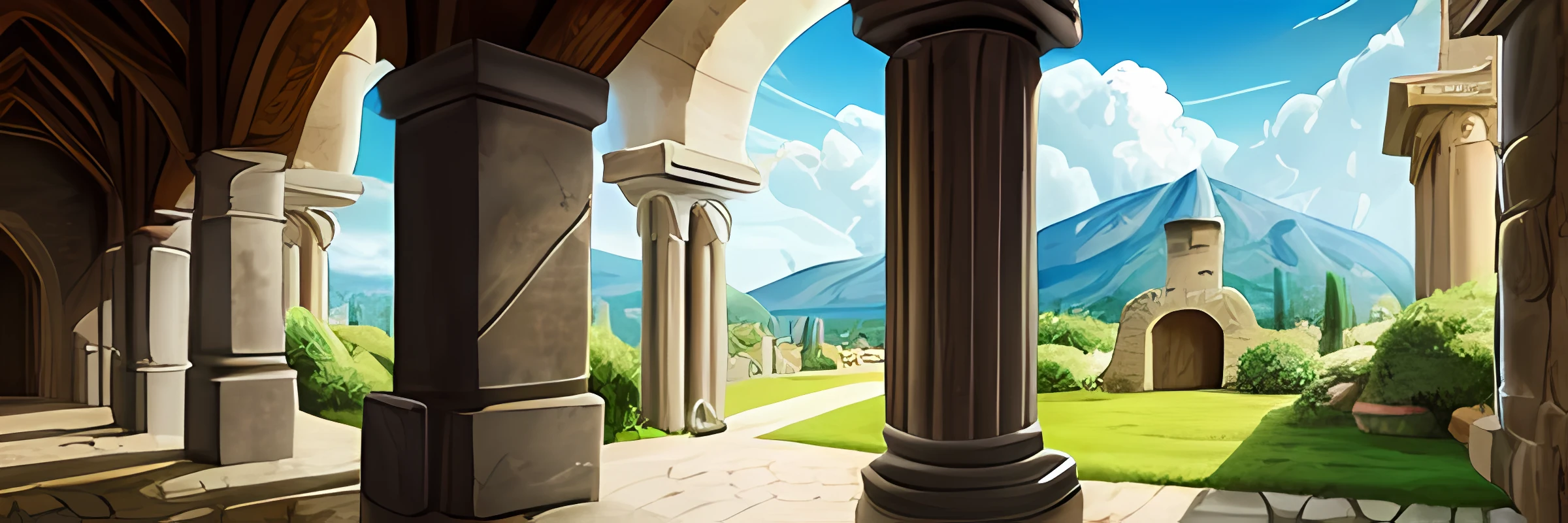 Scenes,Transverse,divino,a paradise,Brighter,painting of a,hand painted style,Game style,Normal quality,Less detail,Outdoors,stone pillar,medieval times