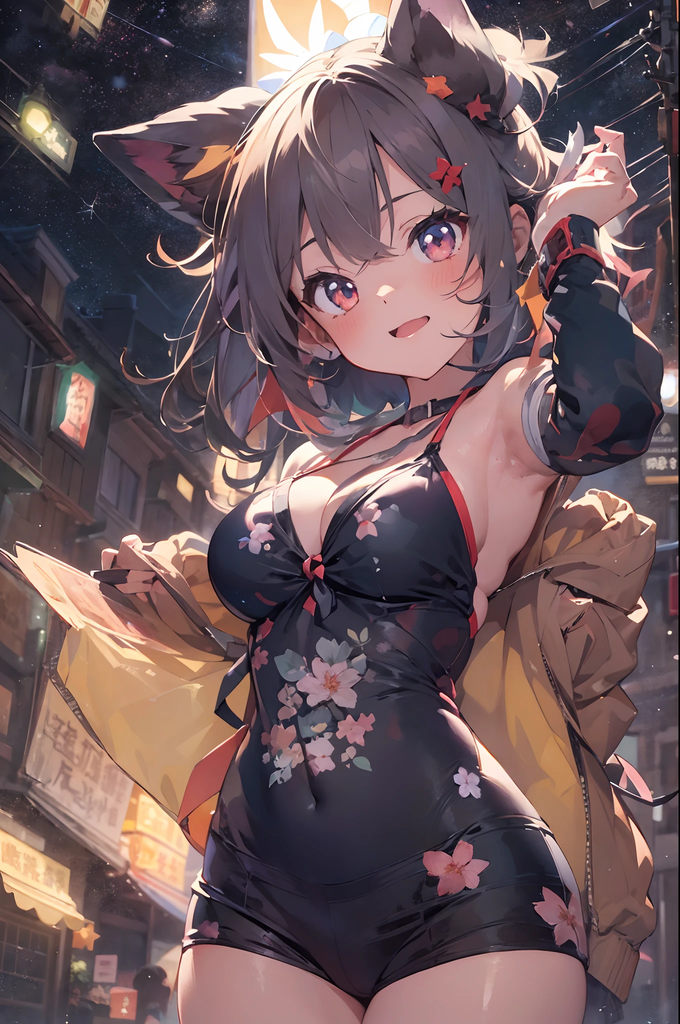 Anime cat-eared girl in bikini with cat ears, shoulder looking, anime drawing by Yang J, pixiv contest winner, serial art, digital anime illustration, kawashi, anime style illustration, anime style 4K, beautiful anime portrait, anime style portrait, anime style artwork, Guweiz style artwork, Anime Illustration, Digital Anime Art, Detailed Digital Anime Art, Beautiful Starry Sky, Fireworks