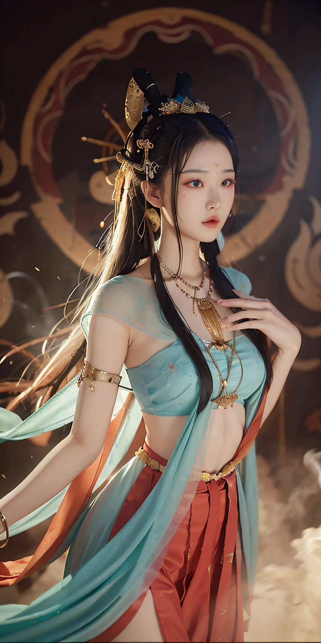 Full body photo，a  beautiful female，Delicate jade feet，messy  hair，teens girl，Symmetrical bun，hair adornments，jewelry，The face is delicate，eye shadows，Delicate cyan top，cropped shoulders，Crop topping，showing belly，Dunhuang style，Lots of streamers，Fine fine skin，Soft light effects，Delicate and smooth hair，exquisite detailing，Eye highlights，Fair skin，Fine portrayal，Ultimate detail，Cinematic quality，being thin，slenderness，Fragmentation，hair detail，Thin bangs，Shawl hair，Correct bodies，shadowing，Air bangs，8K，Super meticulous，Fine fabric texture，softness，complaisant，Smooth texture，Dunhuang style，Delicate pattern，Correct hand drawing，smile, tsurime, Surrealism, ray tracing, UHD, high details, super detail, highres, 8k, high quality, high details, textured skin, ccurate