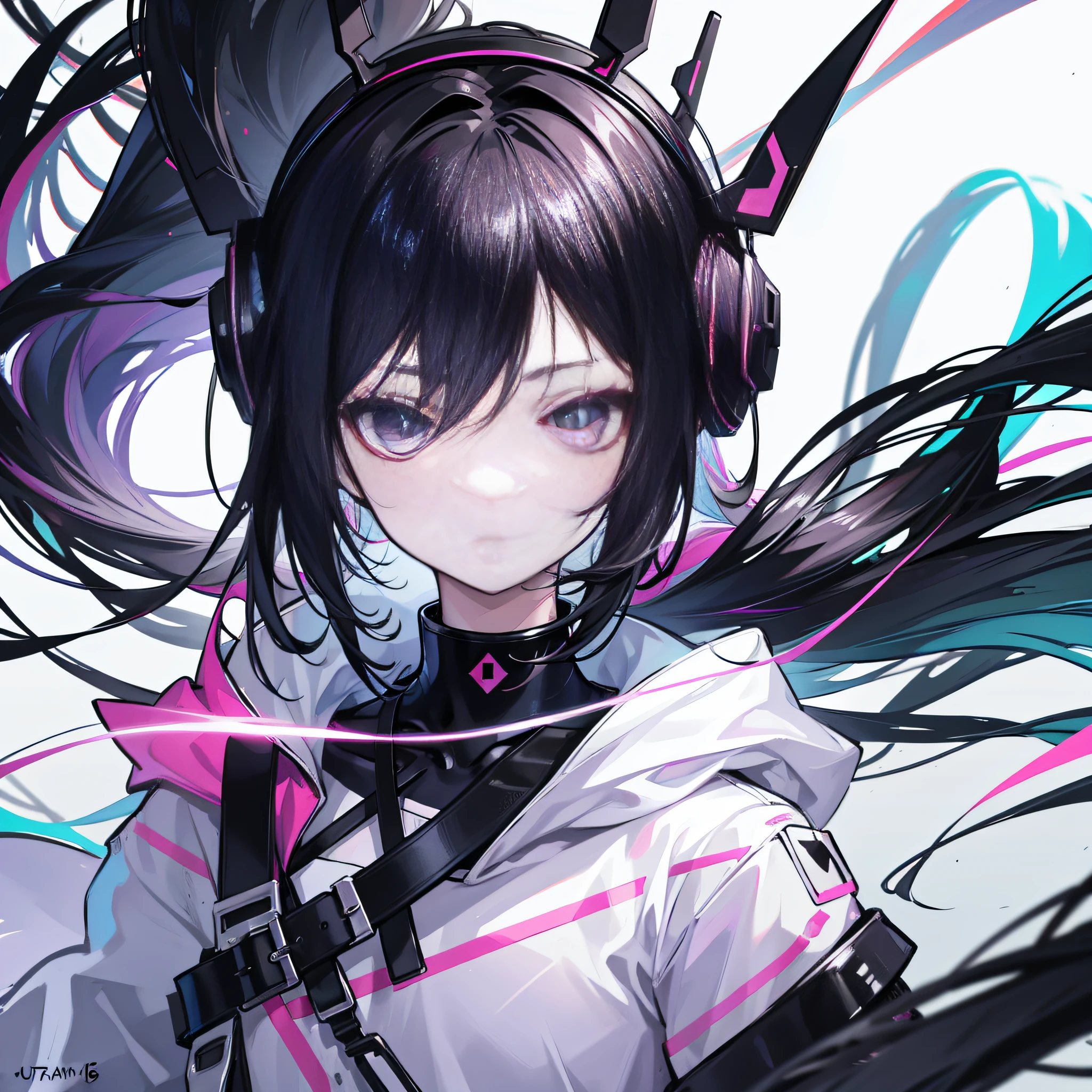 black hair, behind-the-head headphones, gradient eyes, anime style, UHD, retina, masterpiece, anatomically correct, high details, high quality, super detail, highres, 16k