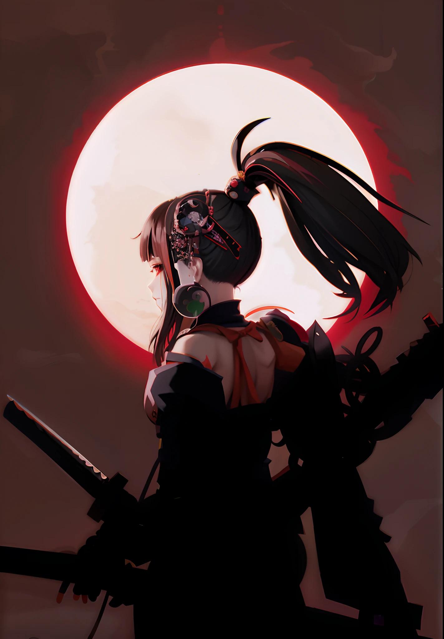side face, back turn, Japanese samurai, backless outfit, anime girl with a long knife on standing in front of a full moon, portrait ninja, with a red halo over her head, katana zero video game character, advanced digital anime art ”, nightcore, epic anime style