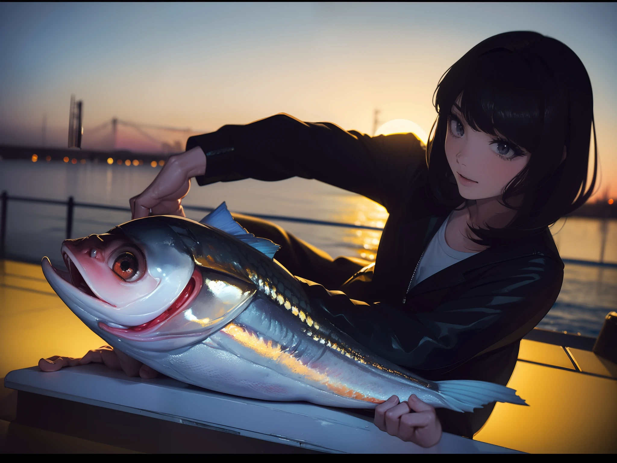 ((((Catch big fish by the lakeside)))),((Best Quality, masterpiece :1.3)),((( Large Mouth Bass))),hight resolution,ultra-detailliert,Beauty and aesthetics,masterpiece,best qualtiy,(1 Japanese 22 years old woman),Black hair, long eyeslashes, Solid Circle Eyes, deadpan, drop shadow, Atmospheric perspective,Super Detail, ccurate, small brest,(Black jacket :1.1),top-quality, absurderes:1.2, blurry backround, bokeh dof:1.2, a picture, (masterpiece:1.3), (intricate detailes:1.2), Atmospheric perspective,Super Detail, ccurate,