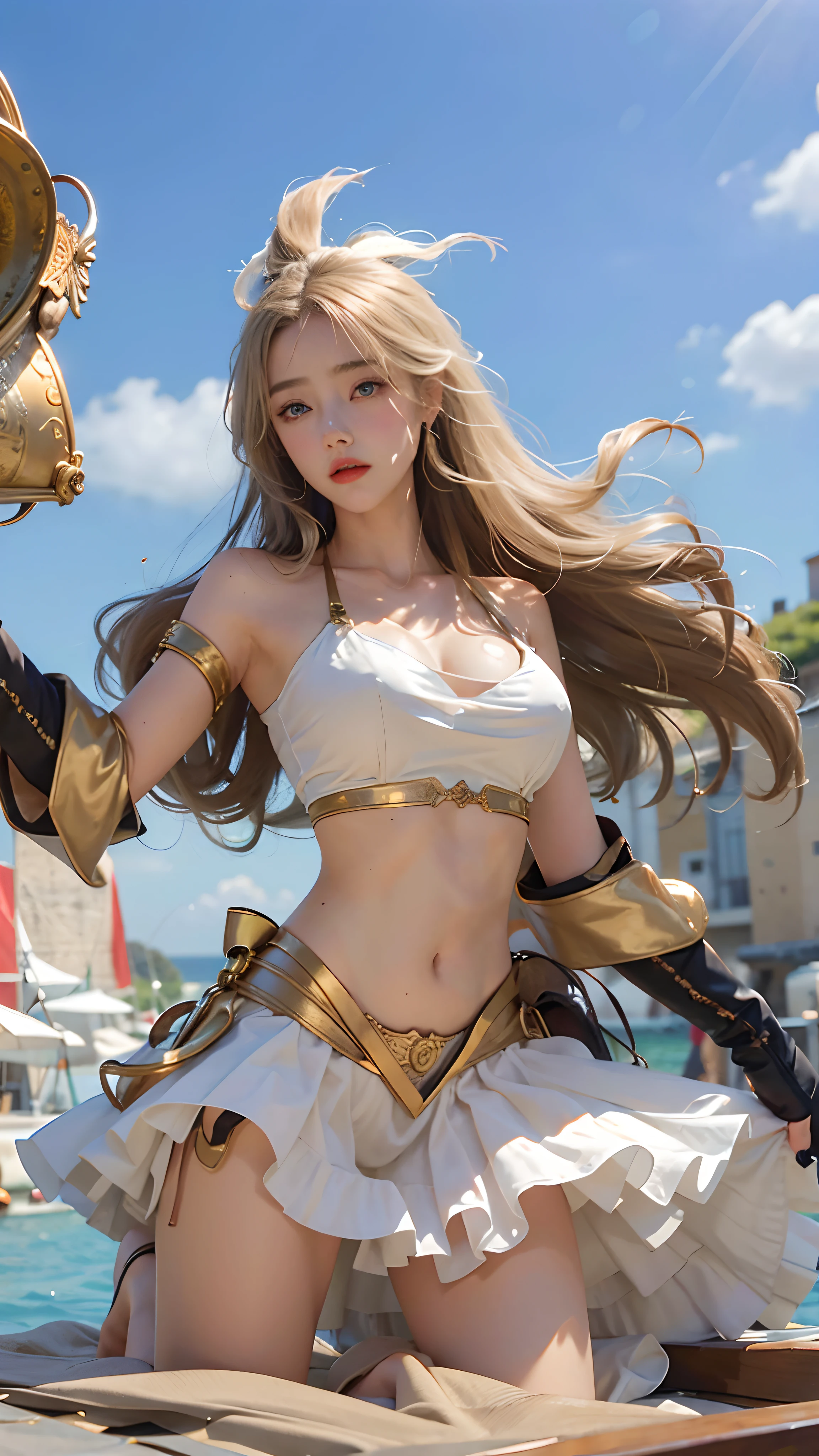 beautiful  lighting, top quality, cinematic film still (charming Amber Heard, standing on the deck of a big sailboat in the coast of italy, in summer swim suit), kneeling, , dark atmosphere, toned body, beautiful  woman, open mouth, bright blue eyes ,  big, light blonde hair color , tiny micro skirt, , big clevage , beautiful woman in perfect figure, (), big, slender abs, very detailed face and skin texture, detailed eyes, double eyelids, masterpiece