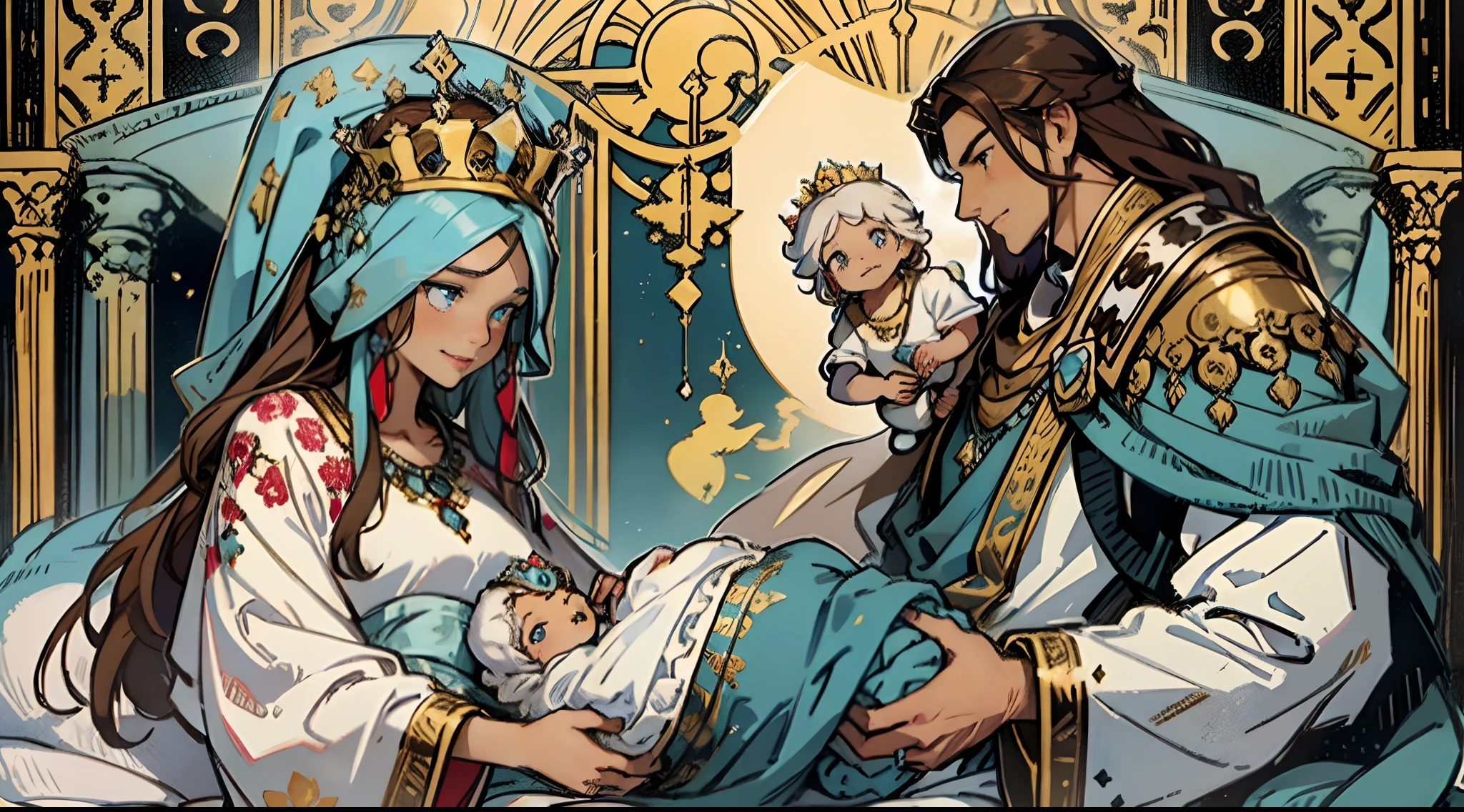 Beautiful scene of a king and queen with luscious brown hair standing beside a cradle, their eyes filled with adoration as they gaze at their newborn baby. The baby's hair is a stunning shade of white, complementing their bright blue eyes. The husband's face displays a mix of surprise and joy, while the wife radiates a calm and serene expression. Set in ancient times.