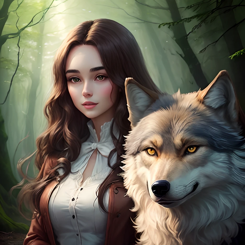 Beautiful woman with long brown hair next to an adult wolf in a magical forest