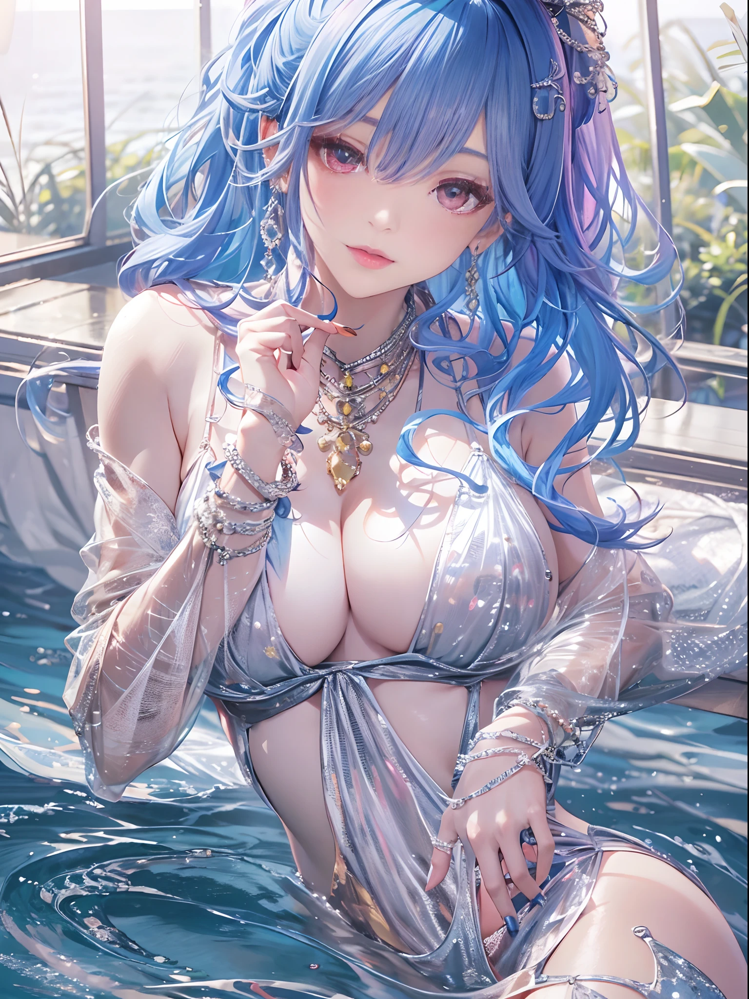(Enrich the picture,Masterpiece level quality)Beautiful 8K CG artwork,Goddess-like posture,sittinng on the river,Postural exercises,Slim and soft,Translucent skin,Blue hair、The beauty of extra-long hair, Super Long Straight Hair,The skin is fair and juicy,Big breasts underwear uniform,Perspective Part 1.2x enhanced silhouette effect,Exquisite transparent blues pattern in pajamas,The details are intricate and exquisite,The background is slightly blurred,Charming and lustful leg seduction,Drool,J Cup Super Big Breasts,Blush,Japan goddess,Perfect body slim curves,Scene by the sea,