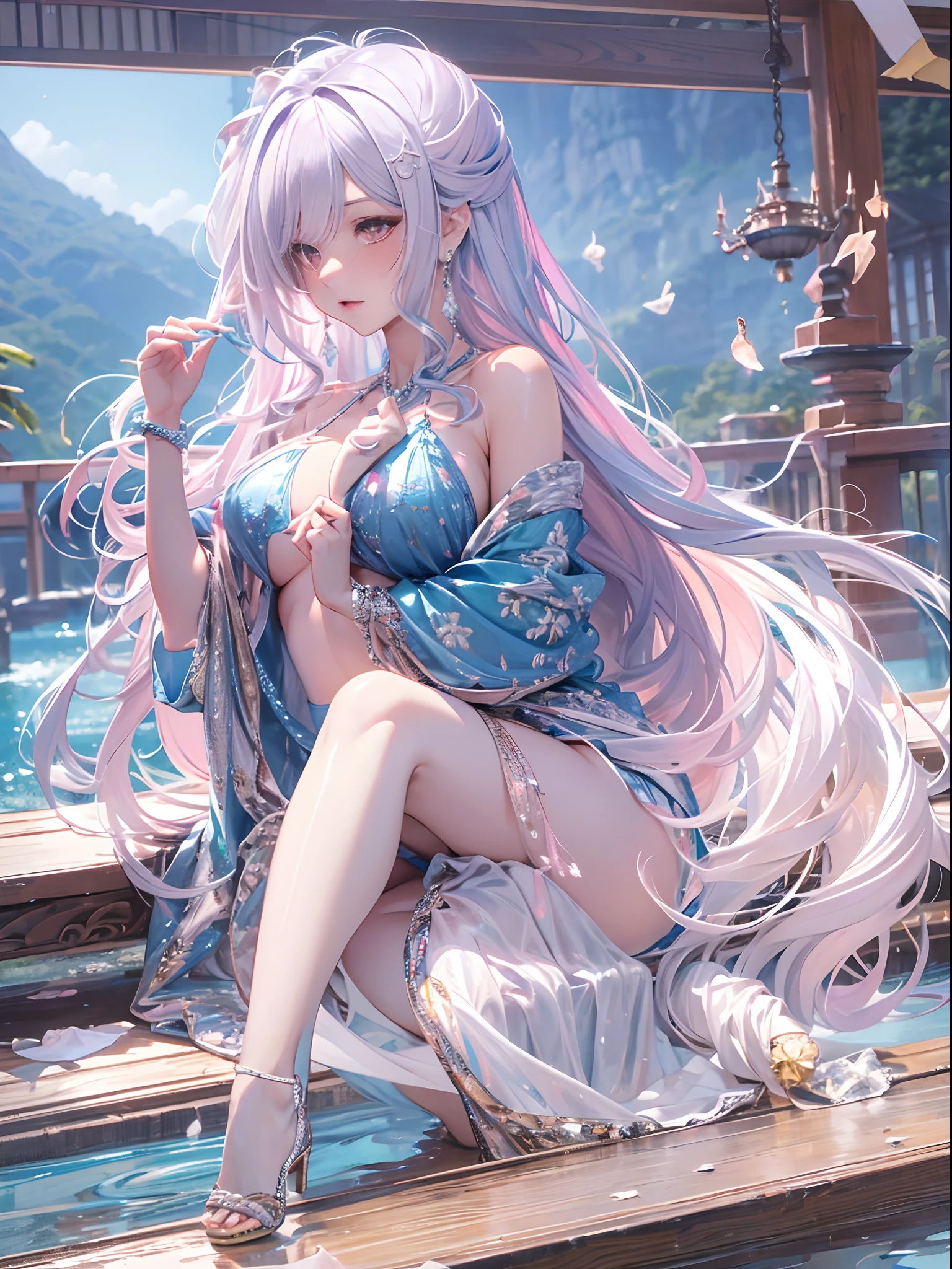 （Enrich the picture，Masterpiece level quality）Beautiful 8K CG artwork，Goddess-like posture，sittinng on the river，Postural exercises，Slim and soft，Translucent skin，Blue hair、The beauty of extra-long hair, Super Long Straight Hair，The skin is fair and juicy，Big breasts underwear uniform，Perspective Part 1.2x enhanced silhouette effect，Exquisite transparent blues pattern in pajamas，The details are intricate and exquisite，The background is slightly blurred，Charming and lustful leg seduction，Drool，J Cup Super Big Breasts，Blush，Japan goddess，Perfect body slim curves，Scene by the sea，