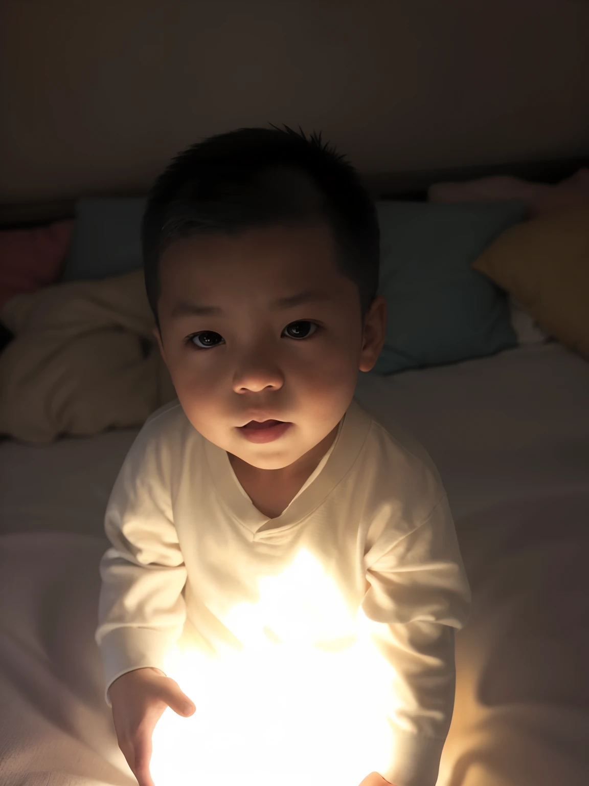 Alavid baby sitting on bed，Holding a light in his hand, face bright, holding up a night lamp, nightlight, Brightly lit!, it is glowing, Night light, Low-key, holding a lantern, he has a glow coming from him, Bright glowing eyes like LEDs, soft warm light, Brightly lit, with glowing eyes, Yan