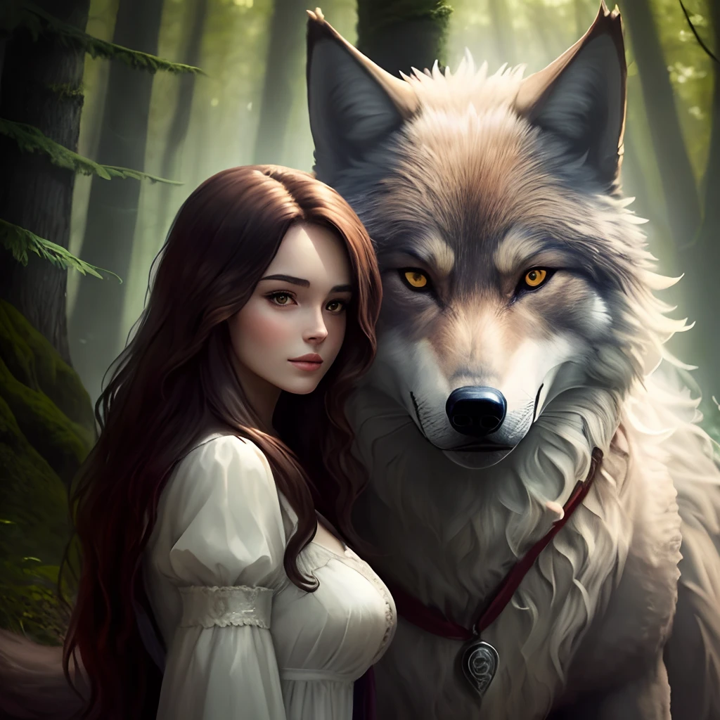 Beautiful woman with long brown hair next to an adult wolf in a magical forest