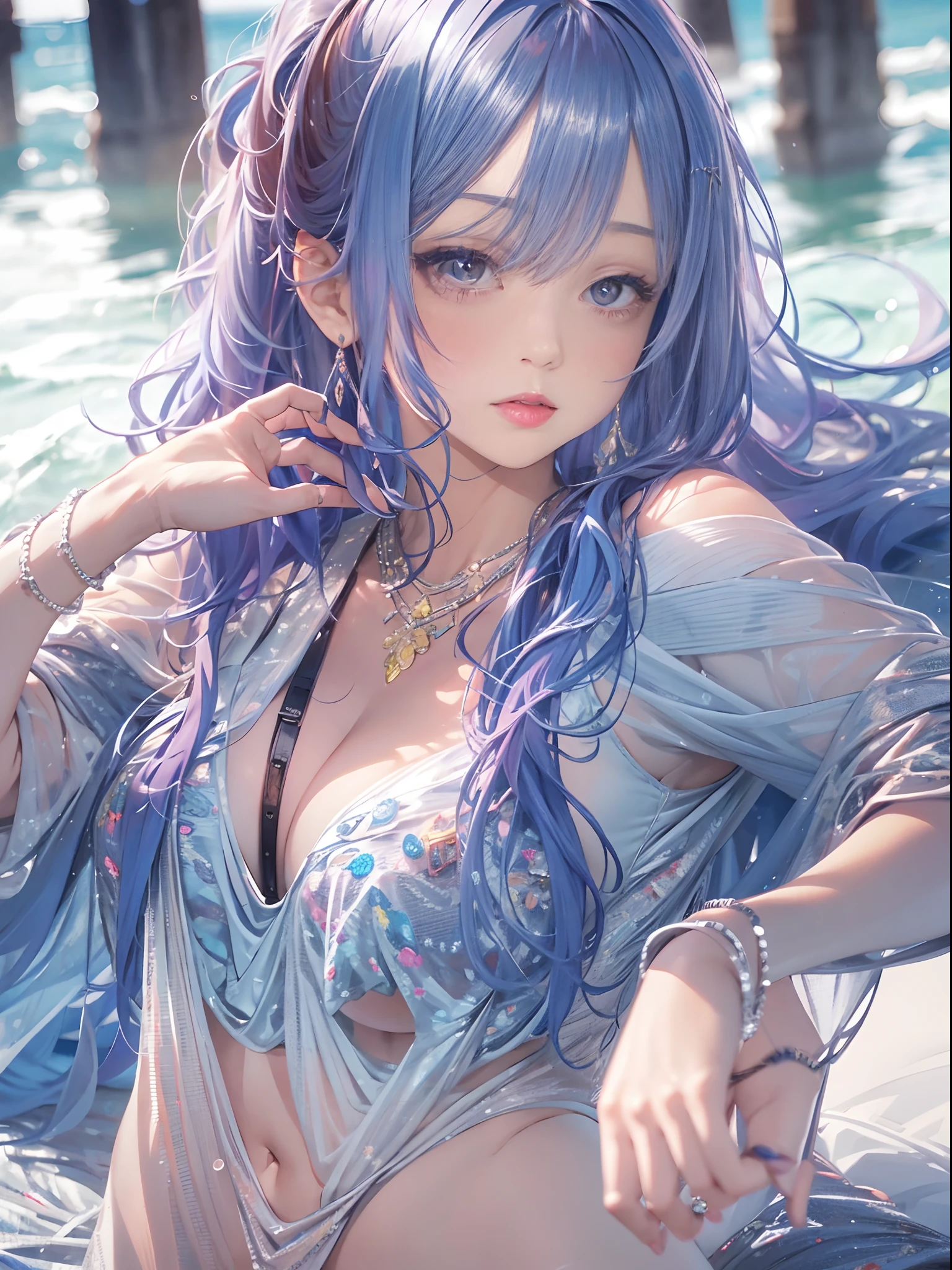 (Enrich the picture,Masterpiece level quality)Beautiful 8K CG artwork,Goddess-like posture,sittinng on the river,Postural exercises,Slim and soft,Translucent skin,Blue hair、The beauty of extra-long hair, Super Long Straight Hair,The skin is fair and juicy,Big breasts underwear uniform,Perspective Part 1.2x enhanced silhouette effect,Exquisite transparent blues pattern in pajamas,The details are intricate and exquisite,The background is slightly blurred,Charming and lustful leg seduction,Drool,J Cup Super Big Breasts,Blush,Japan goddess,Perfect body slim curves,Scene by the sea,