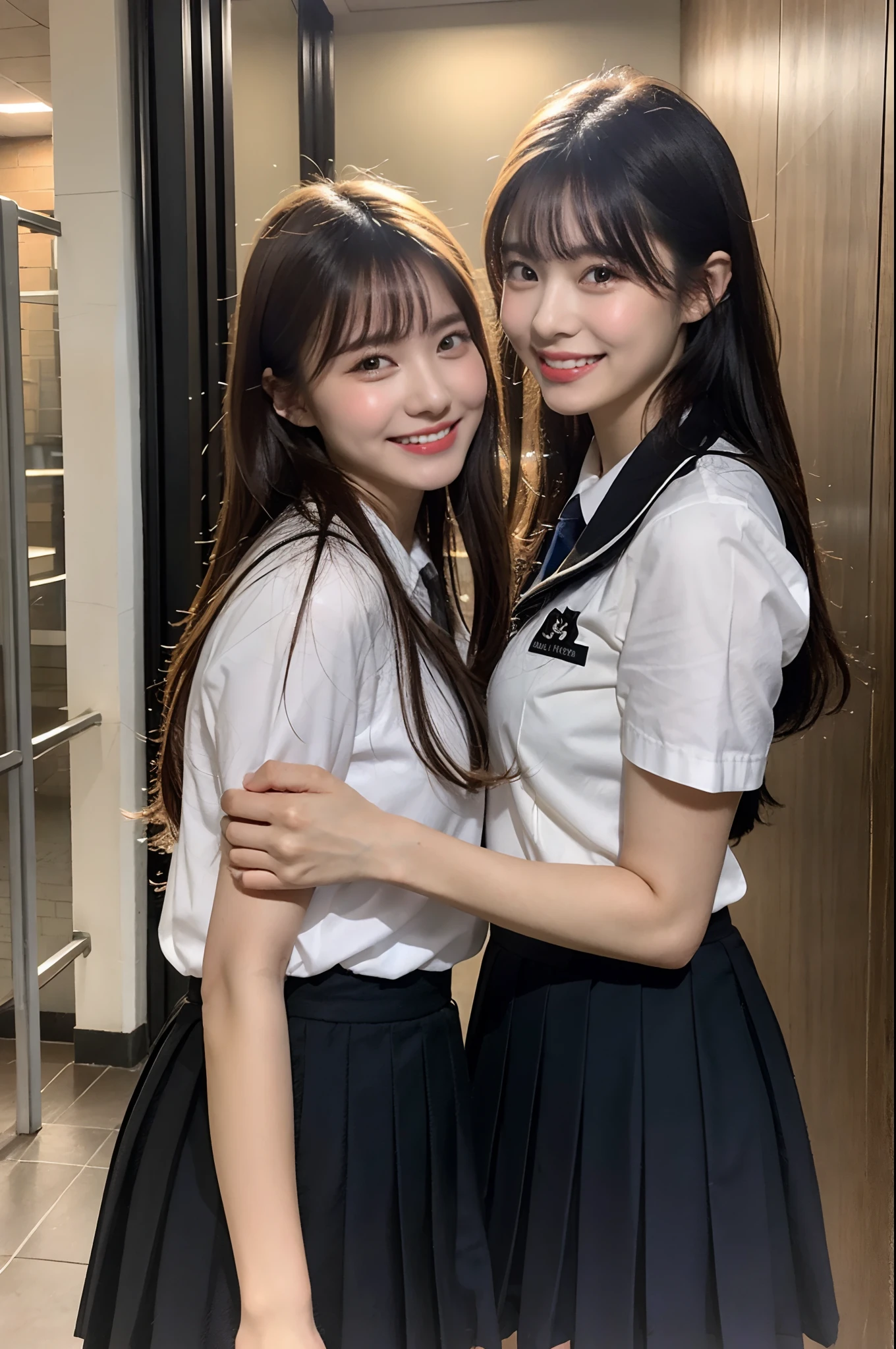 (8K、Raw photography、top-quality、​masterpiece:1.2)、ultra-detailliert、ultra res、(hyper reality、)ultra-detailliert、ultra res、(realisitic、Real Photographics:1.47)、（Hugging each other）Leaning closer、（Fantastic lighting）Hugging、电影灯光、de pele branca、Fair-skinned female proofreading、An ultra-high picture quality、Stylish lighting、Beautiful female proofreading reflecting in light、amazing detailed、Beautiful girls in very detailed、Faces with different patterns、Different face patterns、Each hairstyle has its own characteristics、Farbe々Hairstyle、Farbe々Hair color、Circle of Angels、Super good friend、Good female proofreaders are playing、Having a conversation in a classroom at school、Brown hair shining in the light、One has a ponytail、、Modern cute high school girl、very detailed faces very detailed eyes、Very realistic skin、 extremely detailed fingers, highly detailed nose, highly detail mouth, perfect anatomia, Highly detailed sailor suit、highly detailed back ground,After school、Smiling school girls are gathered in the hallway of the school。They are hugging each other in uniform、Light from bright windows illuminates the classroom、The details of their hair and uniforms shine through.。, famous Japan idol, cute little, Realistic body, de pele branca, glistning skin, Slim body, Long straight hair, (Blunt bangs:1.2), two young women in school uniforms hugging each other in a hallway, two japanese schoolgirls posing, nixeu and sakimichan, TWICE, Seifuku, sakimichan, JK Uniform, wearing japanese school uniform,