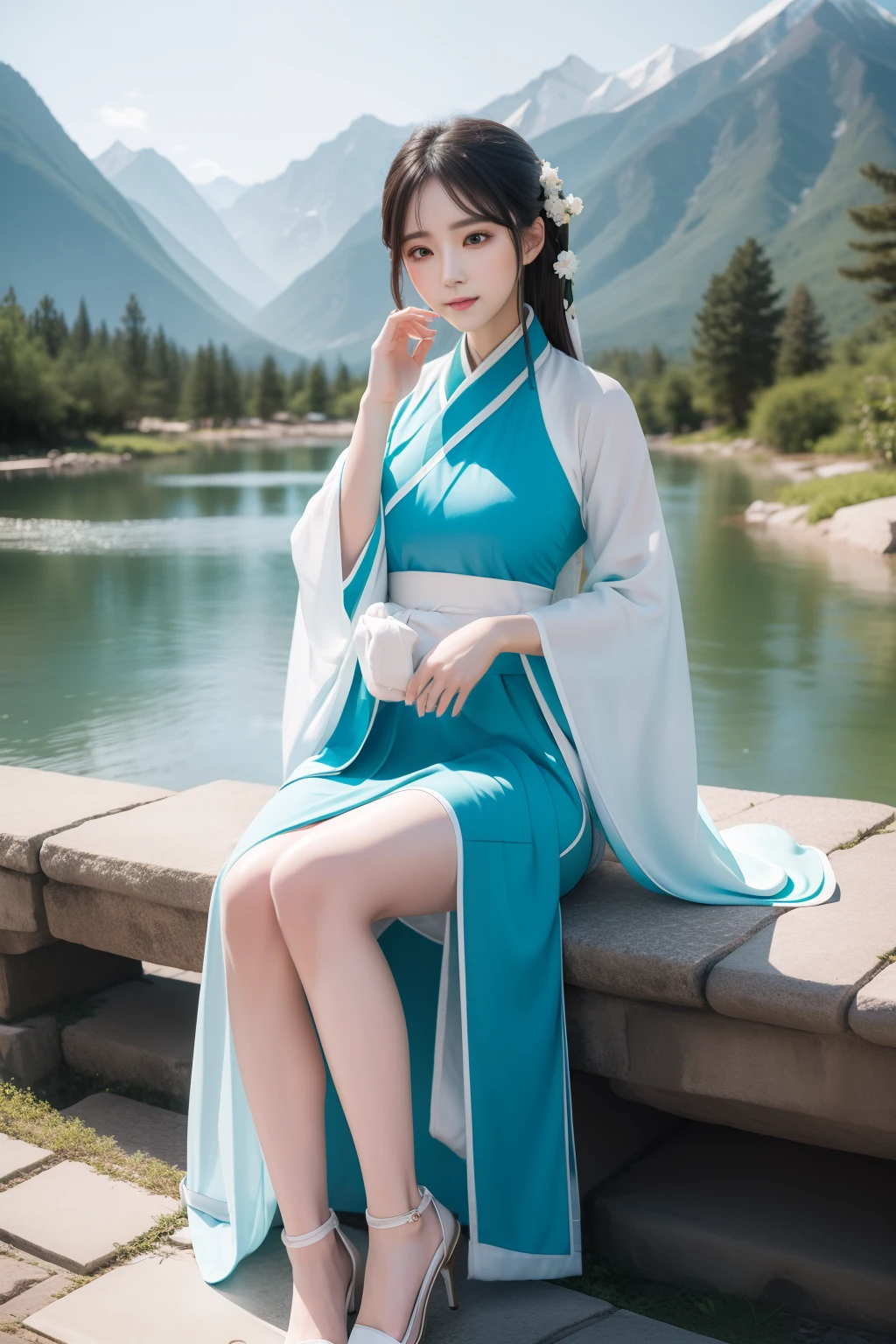 Ultra HD face,1 woman,Hanfu beauty, beautiful face,Slender thin legs,Outdoors there are mountains and water