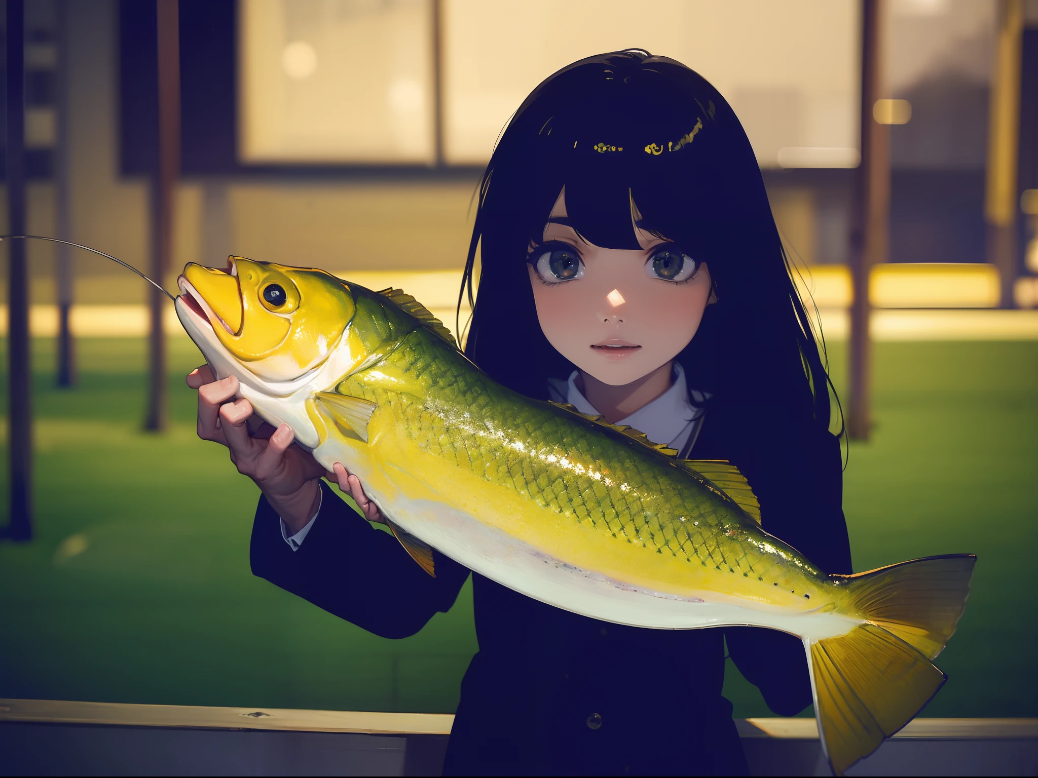 ((((Catch big fish by the lakeside)))),((Best Quality, masterpiece :1.3)),((( Large Mouth Bass))),hight resolution,ultra-detailliert,Beauty and aesthetics,masterpiece,best qualtiy,(1 Japanese 22 years old woman),Black hair, long eyeslashes, Solid Circle Eyes, deadpan, drop shadow, Atmospheric perspective,Super Detail, ccurate, small brest,(Black jacket :1.1),top-quality, absurderes:1.2, blurry backround, bokeh dof:1.2, a picture, (masterpiece:1.3), (intricate detailes:1.2), Atmospheric perspective,Super Detail, ccurate,