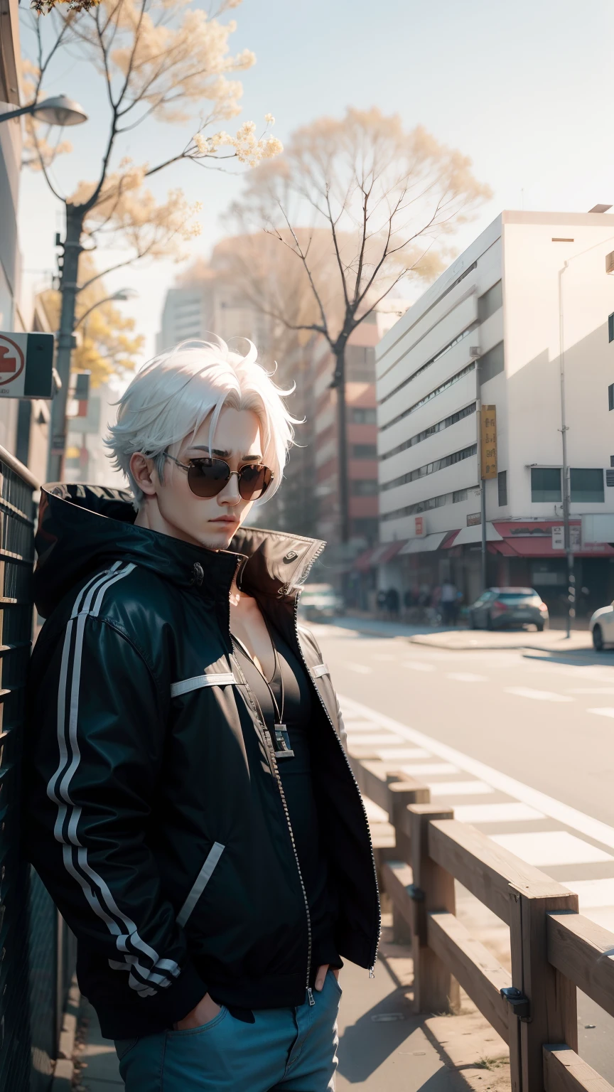anime big breast, 1boy, 8K quality, Korea, Wearing a jacket, White hair,Wear sunglasses, Handsome