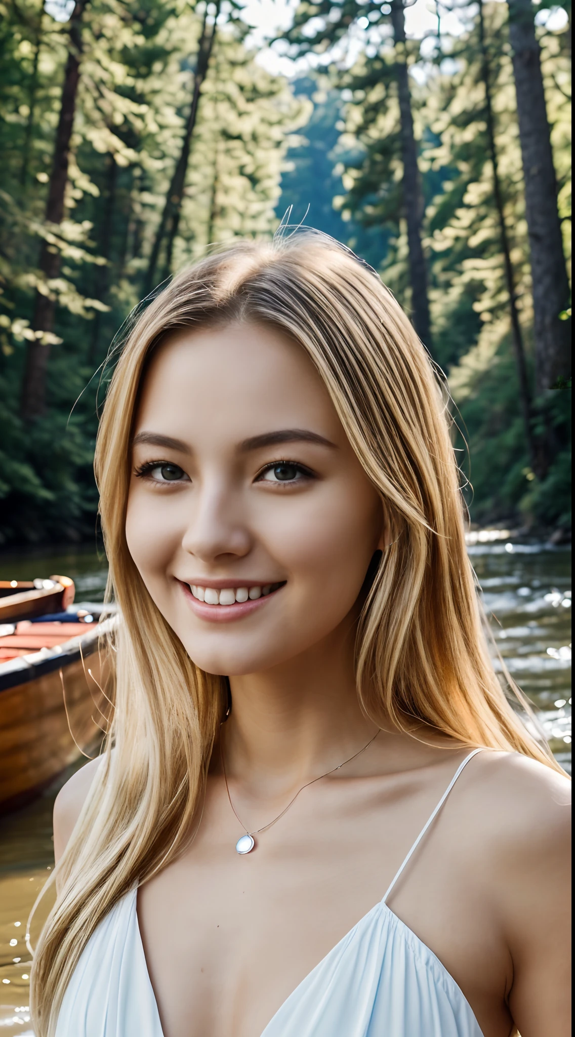 (8K UHD、RAW Photography、Photorealsitic:1.5、Digital SLR、Lifelike images)、(Portrait of a perfectly beautiful 24-year-old French woman、Long flowing blonde hair、Turn your gaze to the camera、A bouncy smile)、(Crystal clear beautiful white skin、Very delicate skin、Skin details、Richly bulging chest)、(White dress)、(frontage、close up of face)、(beautiful blue sky、a river、great outdoors、Forest in the rear