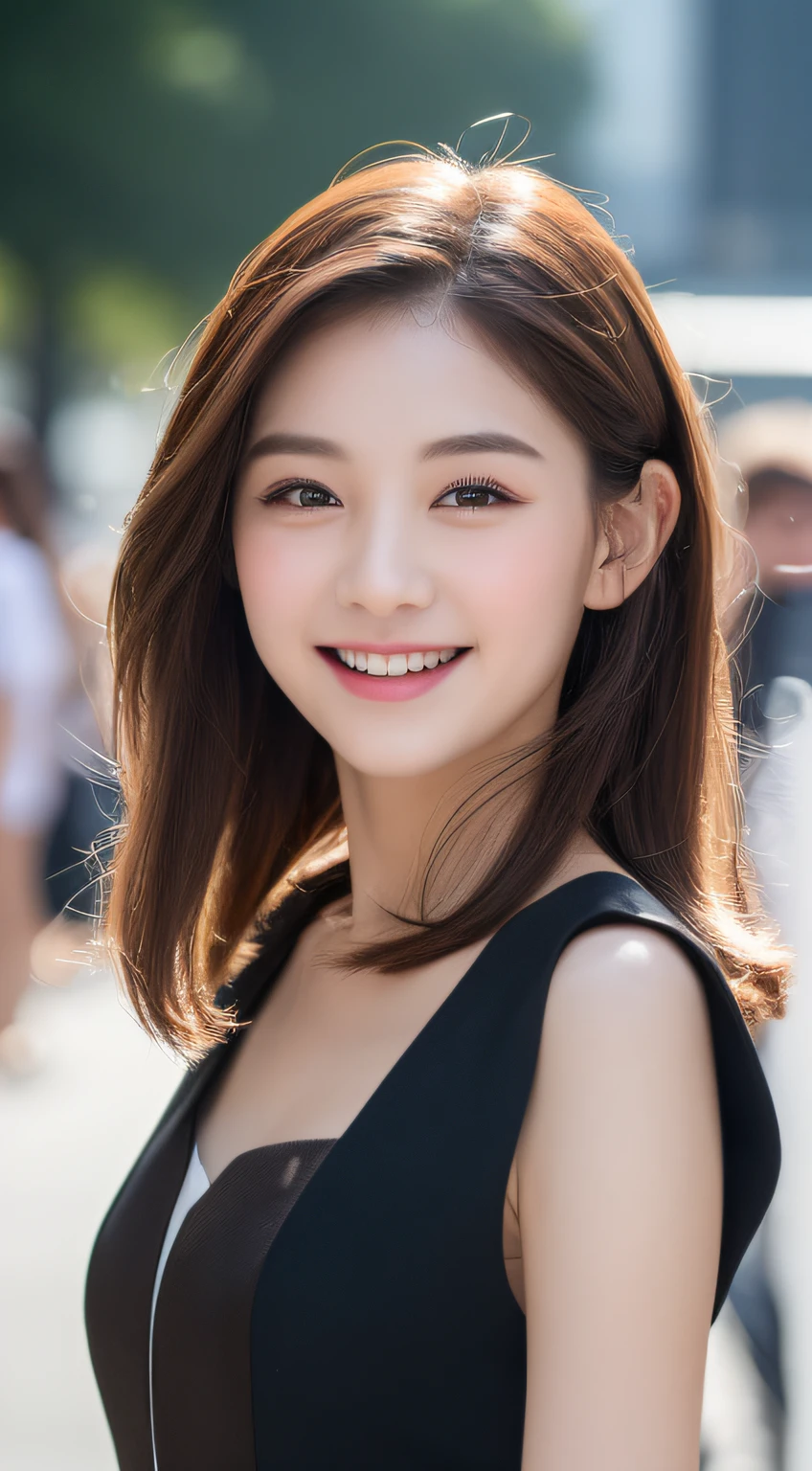 ((Best quality, 8k, Masterpiece :1.3)), 1girl, smiling, full body, slim face, Pretty woman, (Dark brown hair), full length dress :1.1, Ultra-detailed face, Detailed eyes, Double eyelid, blur background, slim face, city, outside, street,