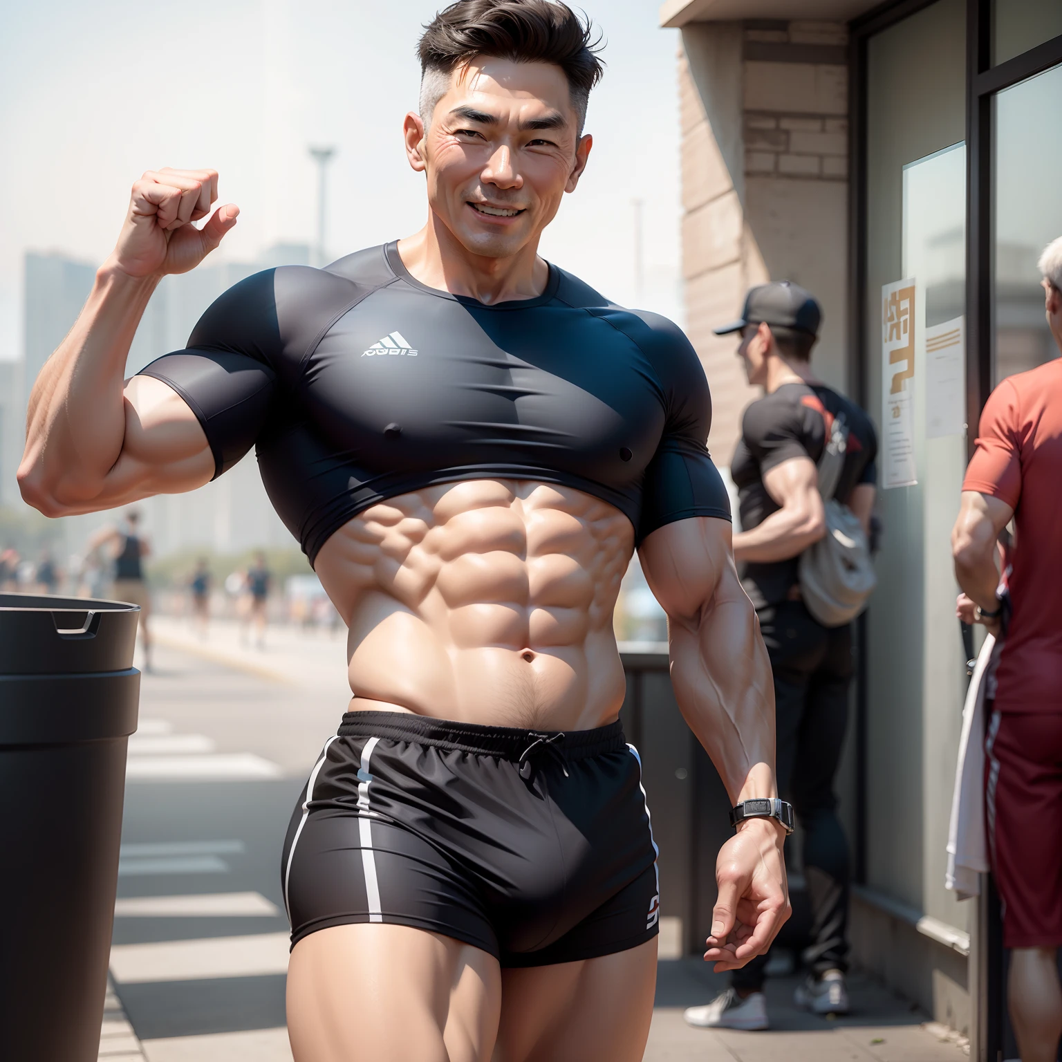 Sporty，Sunny mature man，Striking abs，Cheerful and confident。