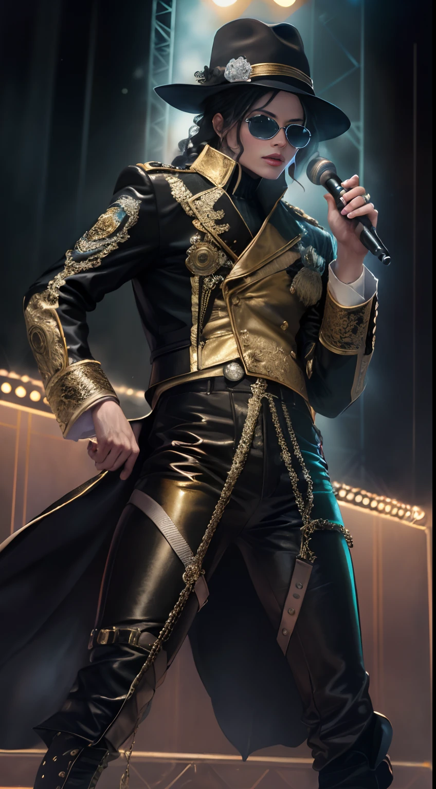 Michael Jackson concert，tmasterpiece，8K，high definition resolution，cinmatic lighting，theater，lamplight，perform，Michael jackson，((microphones:1.3))，Concert，performance，Fashionable clothes，short  skirt，singers，idoly，hyperdetailed face, Detailed eyes, 二重まぶた，((Ultra-detailed)),((Delicate face)), Beautiful detailed eyes, (high light,Gradient hair), GSHea，The eye,Genshin_impact,Look at the viewer, ((Distant view)), Strong light and shadow, Cinema lenses，tmasterpiece，Super quality，theater stage，Big eyes，Mike Jackson sings through a microphone on stage in a straitjacket,  Wear stage costumes,  singing on stage, Wear tights,  wearing bodysuit,Stylish lenses，michael jackson in a gold outfit and sunglasses, Michael_jackson,with shoulder pads,  wearing black uniform, he is a rockstar,  regal pose, Gold accents, Michael Jackson's style, gilded black uniform