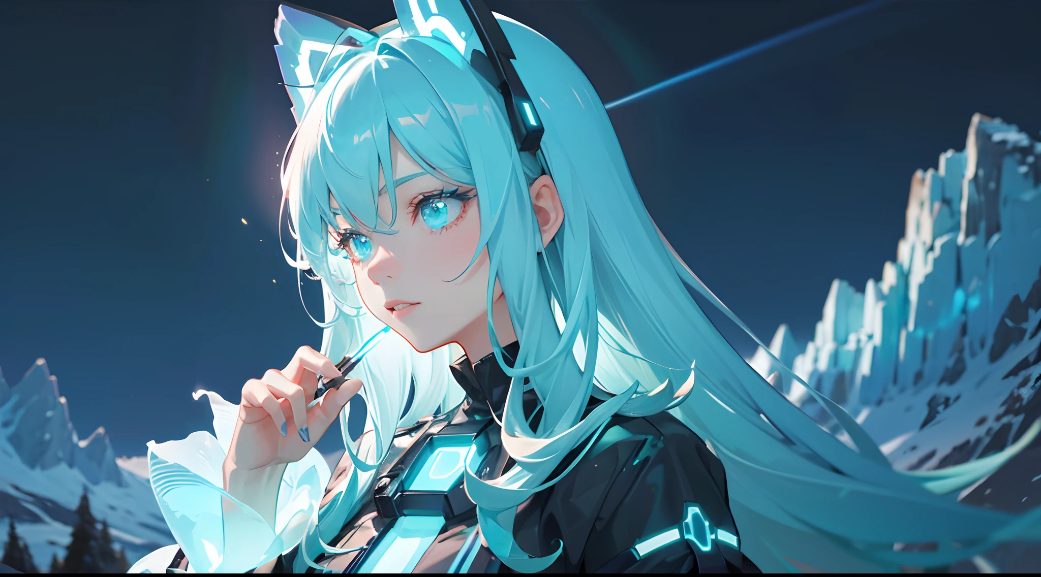 masterpiece,best quality,(night:1.4),wild,mountain,((bioluminescent details)),1girl,solo, colorful hair, (close-up:1.2)
