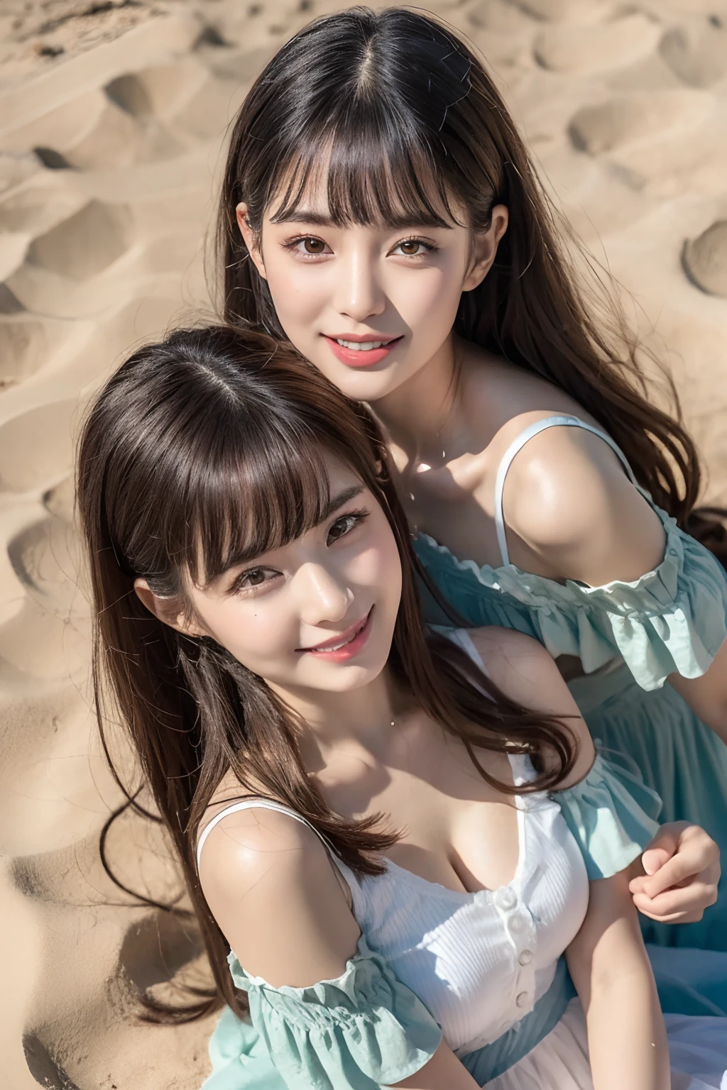 (8K、RAW photography、top-quality、tmasterpiece:1.2)、ultra - detailed、Hyper-Resolution、(hyper realisitc:1.4)、（Use the kiss you throw as a camera）from the above、camera shot from above、Shoot the camera angle from above、I look at this with upward eyes、Arms outstretched、Arms spread wide、Use high-quality images taken from above with your camera、(5 digits in Girl on the Beach 1:1.3)、、Offshore girls（dreamlike lighting）Head to waist、、white skinned、Fair-skinned female proofreading、super high image quality、、Beautiful female proofreading reflecting in light、astonishing detail、Beautiful girls in very detailed、(Faces with different patterns1:1.2)、(Different facial emotions 1:1.3)、Each hairstyle has its own characteristics、colours々Hairstyles、colours々The hair color shines with a clean sheen、I love fishing on the boat、Brown hair shining in the light、One has a ponytail、、Modern cute girl、very detailed faces very detailed eyes、Very realistic skin、 Extremely detailed fingers, Highly detailed nose, highly detail mouth, perfect anatomia, (Off-the-shoulder Lolita costume 1:1.2)、、Their hair details sparkle、Hot teeth and smiles、Realistic body, white skinned, glistning skin, Slim body, Long straight hair, (Blunt bangs:1.2), , nixeu and sakimichan, twice, seifuku, sakimichan, promotional still, lalisa manobal, alena aenami and lilia alvarado