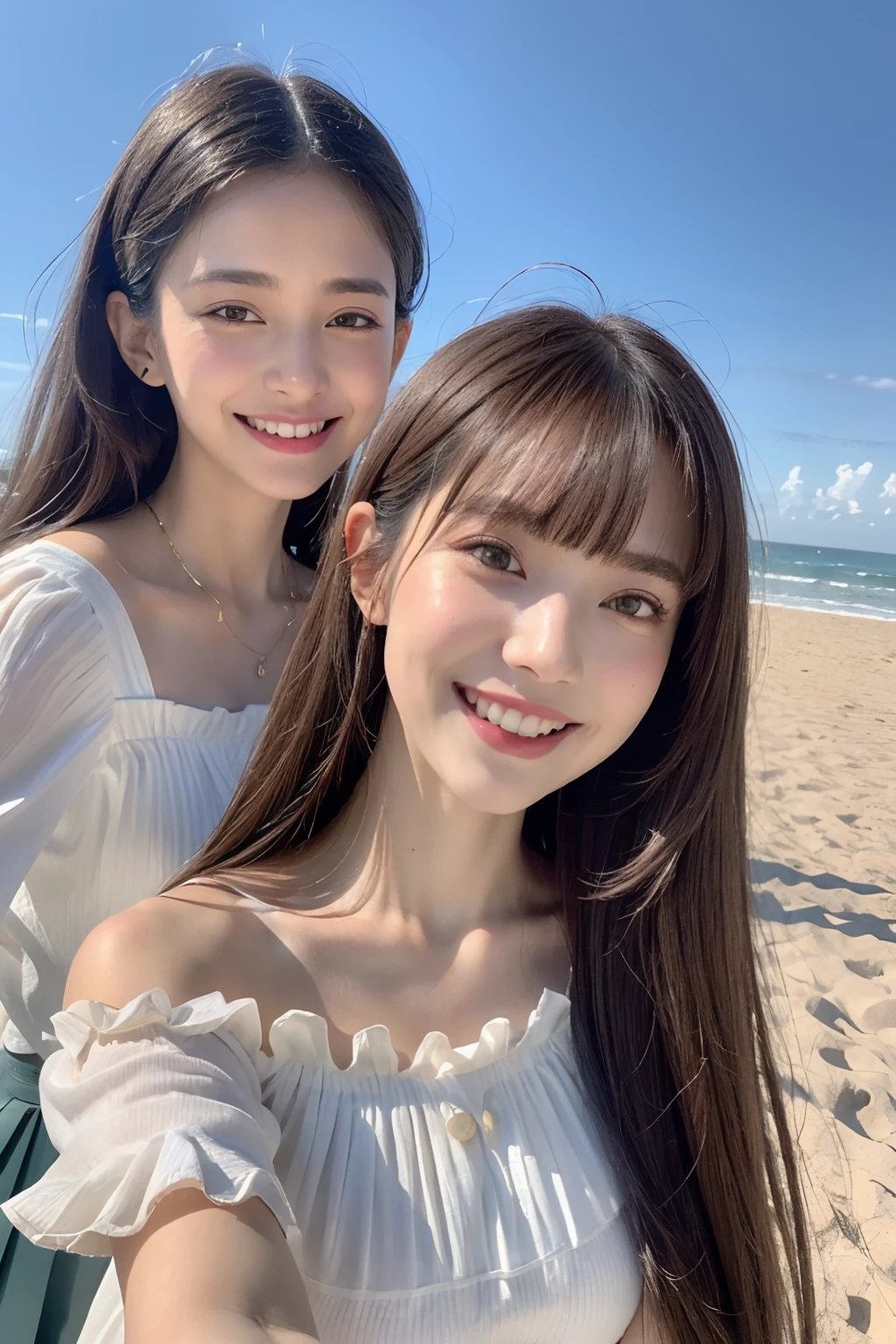 (8K、RAW photography、top-quality、tmasterpiece:1.2,duo,stroking,on the beach)、ultra - detailed、Hyper-Resolution、(hyper realisitc:1.4)、(Use the kiss you throw as a camera)from the above、camera shot from above、Shoot the camera angle from above、I look at this with upward eyes、Arms outstretched、Arms spread wide、Use high-quality images taken from above with your camera、(5 digits in Girl on the Beach 1:1.3)、、Offshore girls(dreamlike lighting)Head to waist、、white skinned、Fair-skinned female proofreading、super high image quality、、Beautiful female proofreading reflecting in light、astonishing detail、Beautiful girls in very detailed、(Faces with different patterns1:1.2)、(Different facial emotions 1:1.3)、Each hairstyle has its own characteristics、colours々Hairstyles、colours々The hair color shines with a clean sheen、I love fishing on the boat、Brown hair shining in the light、One has a ponytail、、Modern cute girl、very detailed faces very detailed eyes、Very realistic skin、 Extremely detailed fingers, Highly detailed nose, highly detail mouth, perfect anatomia, (Off-the-shoulder Lolita costume 1:1.2)、、Their hair details sparkle、Hot teeth and smiles、Realistic body, white skinned, glistning skin, Slim body, Long straight hair, (Blunt bangs:1.2), , nixeu and sakimichan, twice, seifuku, sakimichan, promotional still, lalisa manobal, alena aenami and lilia alvarado
