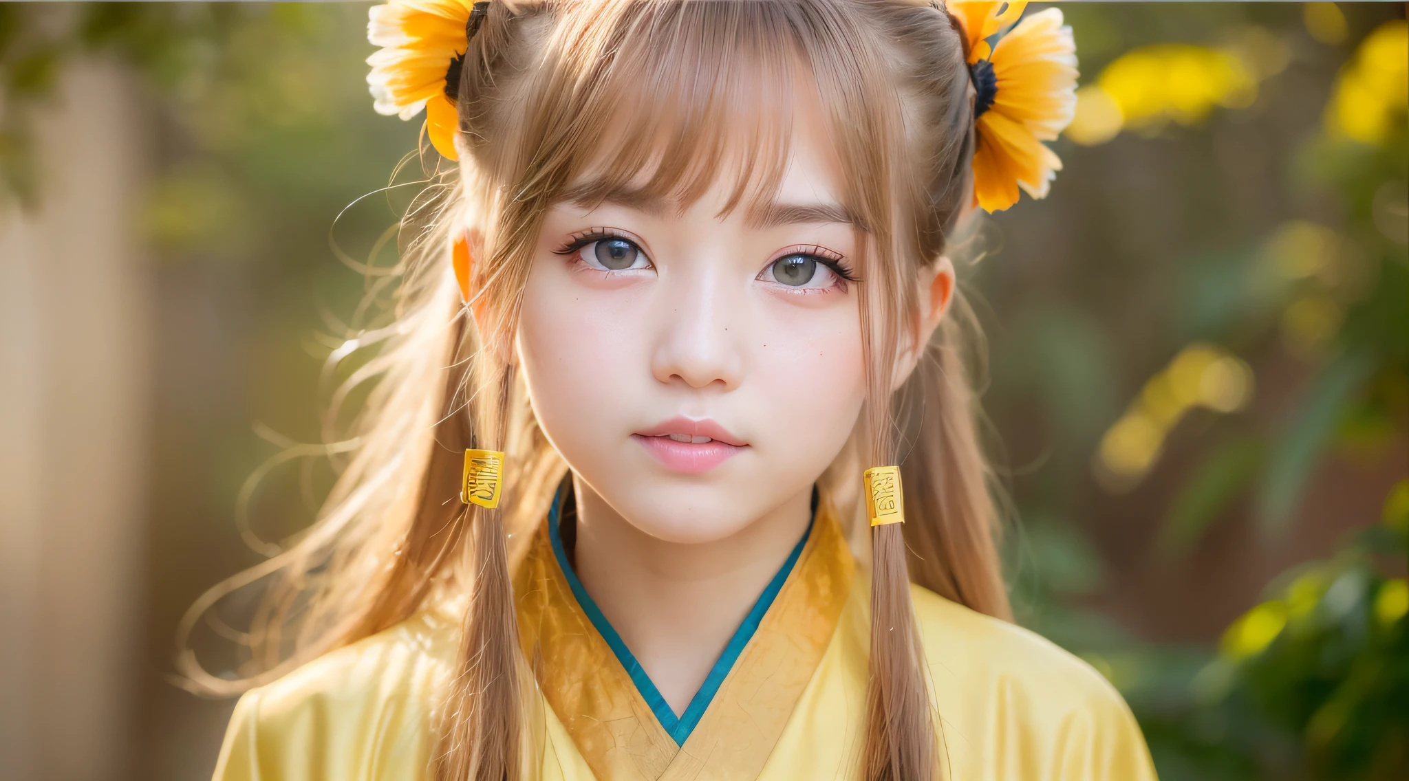 (ultra high res, photorealistic, realistic, best quality, photo-realistic), (highly detailed skin, visible pores), (real person, photography), (((yellow hanfu, Chinese style)))), realistic, YELLOW background, upper body, (8k, raw photo, best quality, masterpiece), (1 girl RUSSIAN BLONDE CHILD PORTRAIT ), photon mapping, radiosity, physics-based rendering, automatic white balance, ((haunting smile, long hair)), watery eyes, (blush|cute and playful|lovely|thin|thick bangs|beauty|twintail|hair bun,),(looking at the viewer),(irises and pupils are rounded,pupil reflects the environment,eyes are not the same size),