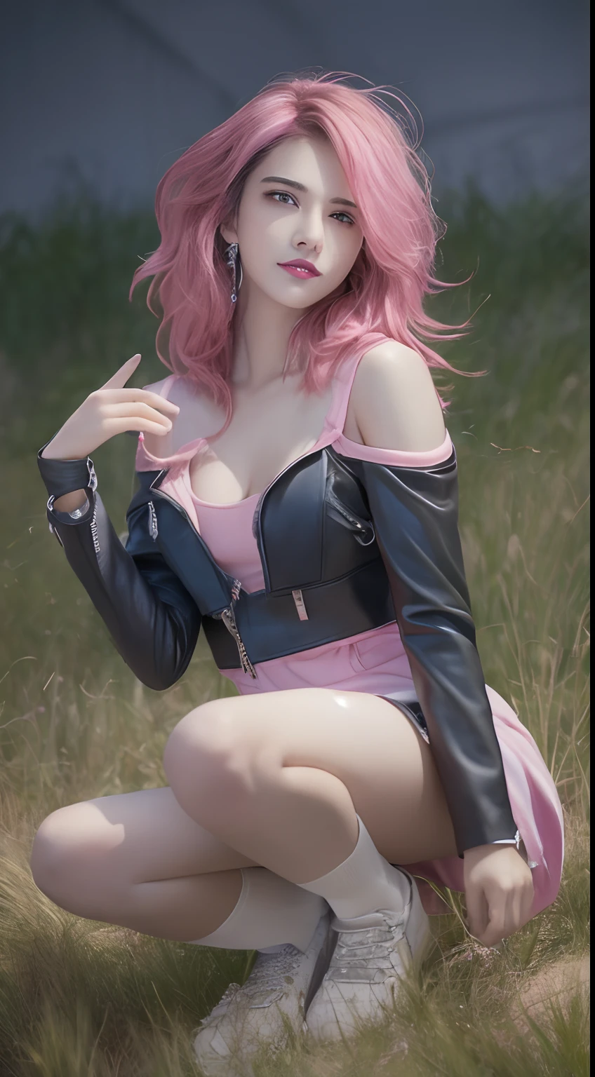 (night,Masterpiece:1.3),(Backlight:1.5), 超高分辨率, super detailing, (Photorealistic:1.4), hdr, volumetic,A beautiful 22 year old girl, Solo,Detailed face,Realistic and natural skin texture,Jinx's hairstyle (long whitr hair,with pink hair:1.7), (Evil smile:0.8),(with her mouth open:1.2), Red lips,Black collar,Wear a black leather jacket,Wear a pink off-the-shoulder evening dress underneath,Black shoes, Fold your hands to your chest