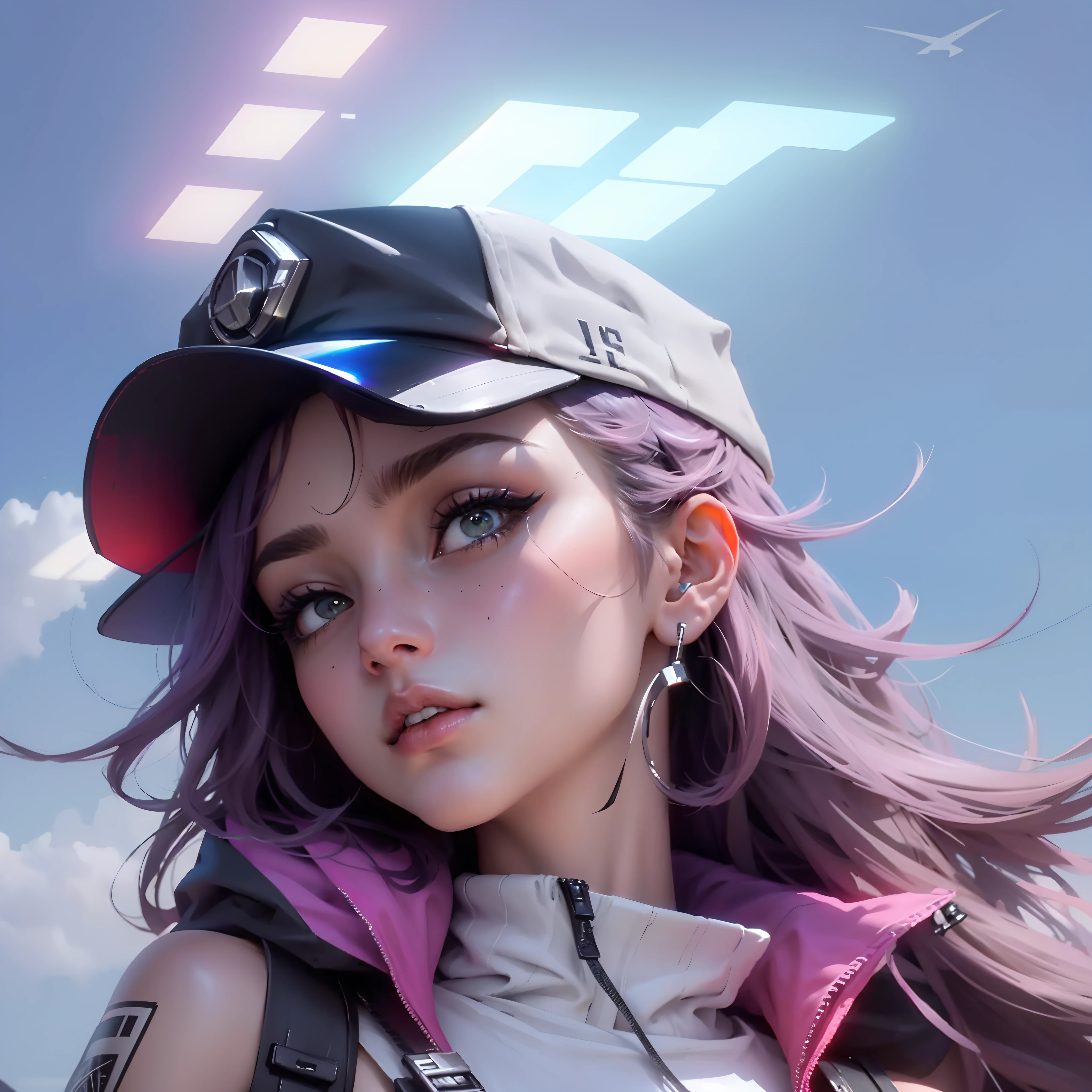 Beautiful woman medium hair, wearing cap, cyberpunk style short clothes, cyberpunk police woman, tomboy