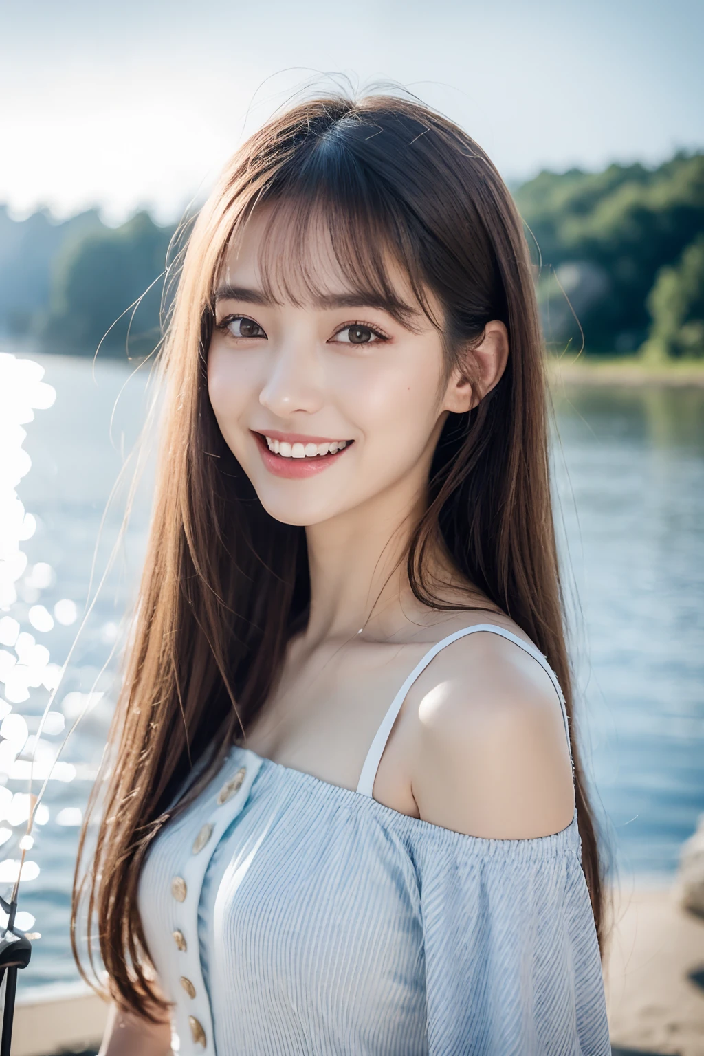 (8K、RAW photography、top-quality、tmasterpiece:1.2)、ultra - detailed、Hyper-Resolution、(hyper realisitc:1.4)、(Use the kiss you throw as a camera)from the above、camera shot from above、Shoot the camera angle from above、I look at this with upward eyes、Arms outstretched、Arms spread wide、Use high-quality images taken from above with your camera、(5 digits in Girl on the Beach 1:1.3)、、Offshore girls(dreamlike lighting)Head to waist、、white skinned、Fair-skinned female proofreading、super high image quality、、Beautiful female proofreading reflecting in light、astonishing detail、Beautiful girls in very detailed、(Faces with different patterns1:1.2)、(Different facial emotions 1:1.3)、Each hairstyle has its own characteristics、colours々Hairstyles、colours々The hair color shines with a clean sheen、I love fishing on the boat、Brown hair shining in the light、One has a ponytail、、Modern cute girl、very detailed faces very detailed eyes、Very realistic skin、 Extremely detailed fingers, Highly detailed nose, highly detail mouth, perfect anatomia, (Off-the-shoulder Lolita costume 1:1.2)、、Their hair details sparkle、Hot teeth and smiles、Realistic body, white skinned, glistning skin, Slim body, Long straight hair, (Blunt bangs:1.2), , nixeu and sakimichan, twice, seifuku, sakimichan, promotional still, lalisa manobal, alena aenami and lilia alvarado