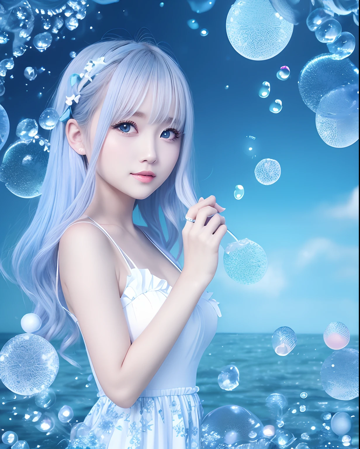 masutepiece, Best Quality, (photoreaslistic:1.2), Cute 👩🏼, Fantasy tone pale dull color glossy blue color, magic circles, blue tone, Deep sea, Bubbles, White smoke , Rabbit ears