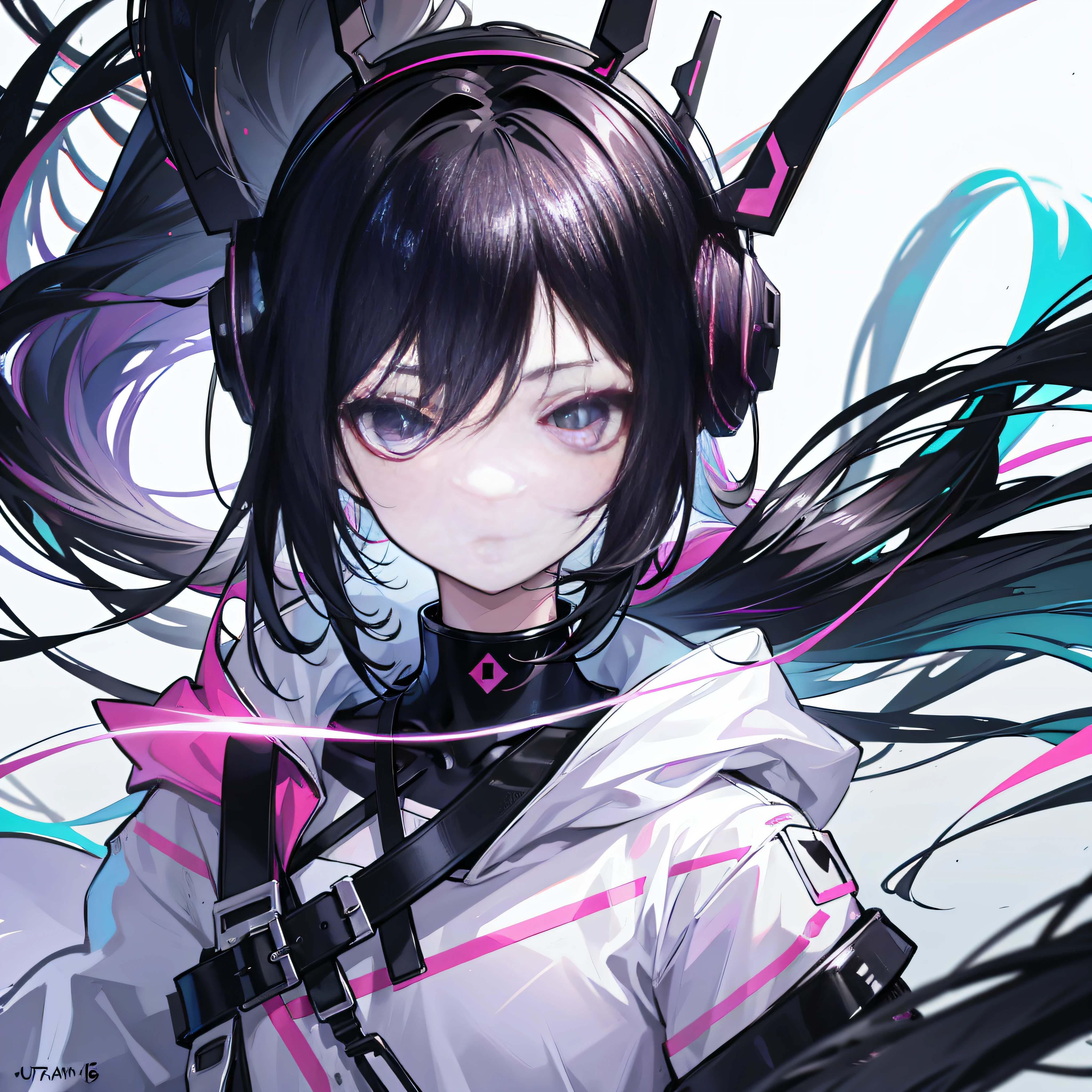 black hair, behind-the-head headphones, gradient eyes, anime style, UHD, retina, masterpiece, anatomically correct, high details, high quality, super detail, highres, 16k