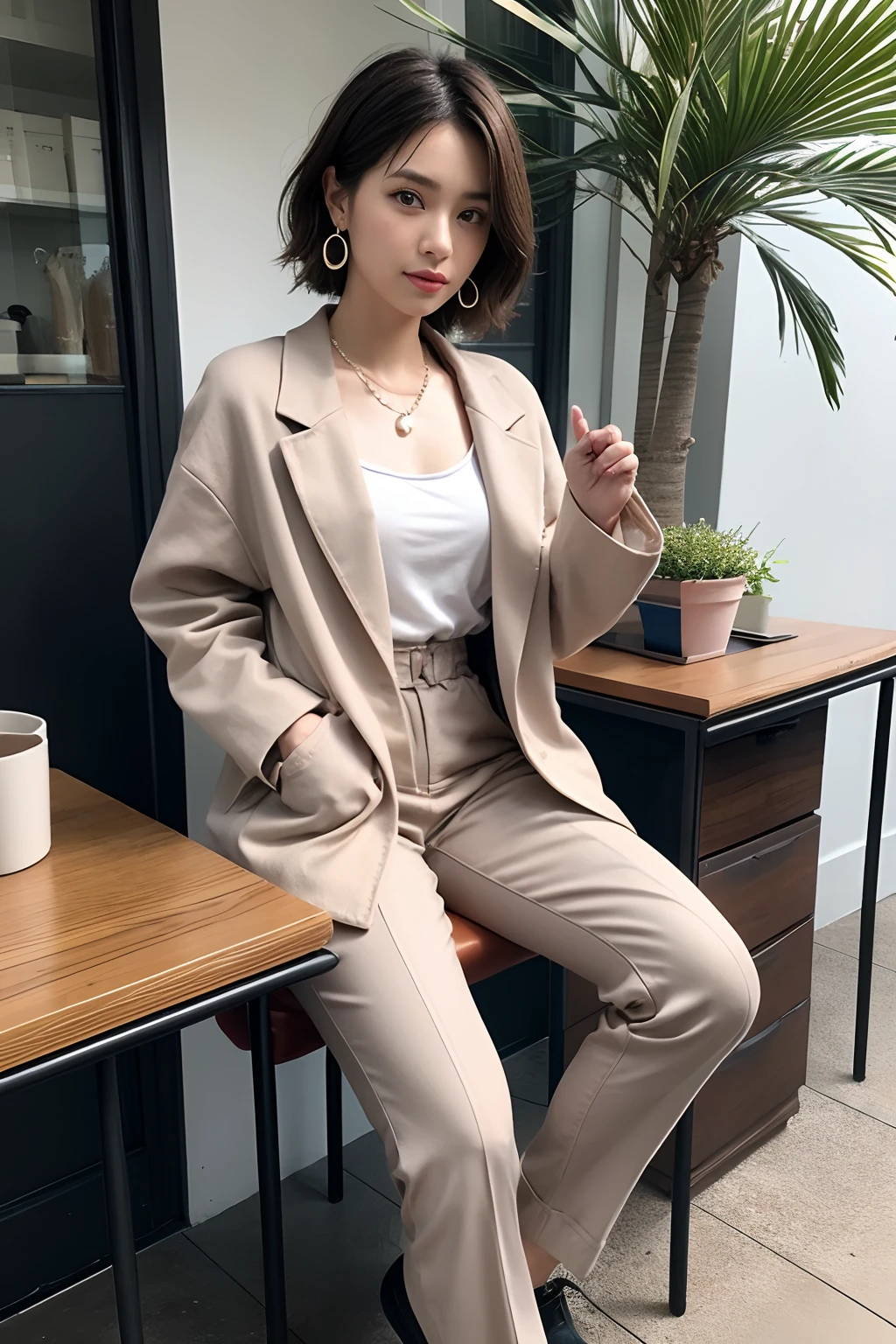 (masutepiece:1.2), Best Quality, High resolution, Unity 8k壁纸, (Illustration:1.0), Beautiful detailed eyes:, extra detailed face, Perfect Lighting, extremely details CG,
1girl in, Bare_tree, Black_hair, brown_Eyes, brown_hair, building, Dress, earrings, flower, Indoors, Jewelry, apples, Lips, Necklace, Outdoors, pearls_Necklace, plant, potted plant_plant, Short_hair, Solo, tree, window, up looking_で_viewer, Jacket, Pants, Bag, Chair, phone, The table, Handbag, Realistic