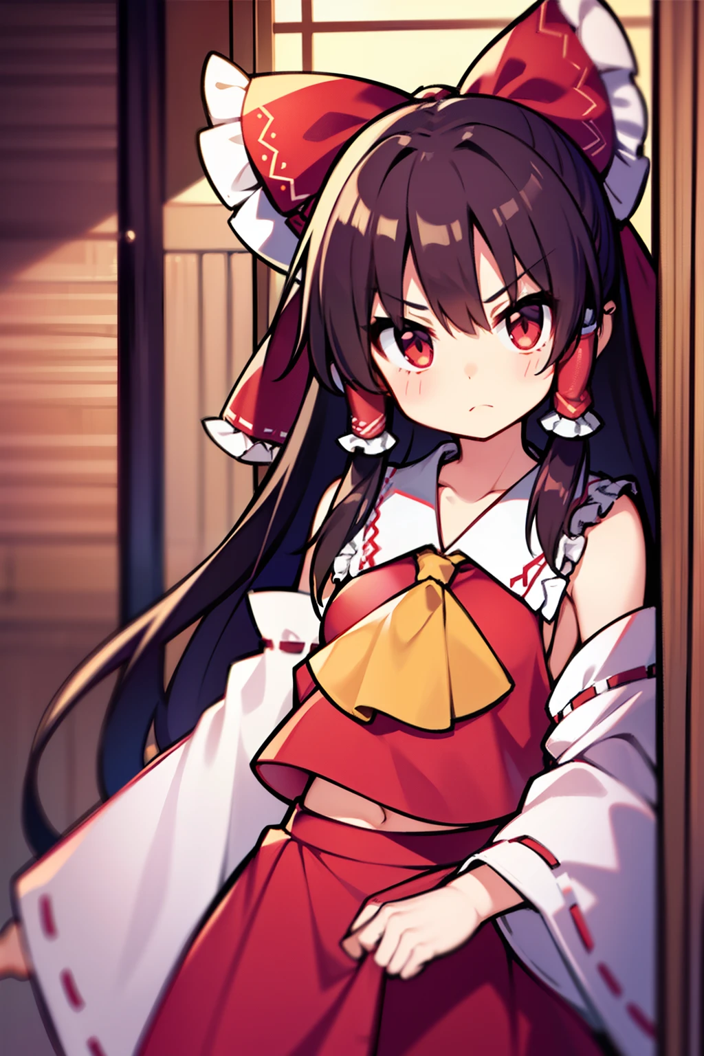 reimu hakurei、close range、glares、Petite、length hair