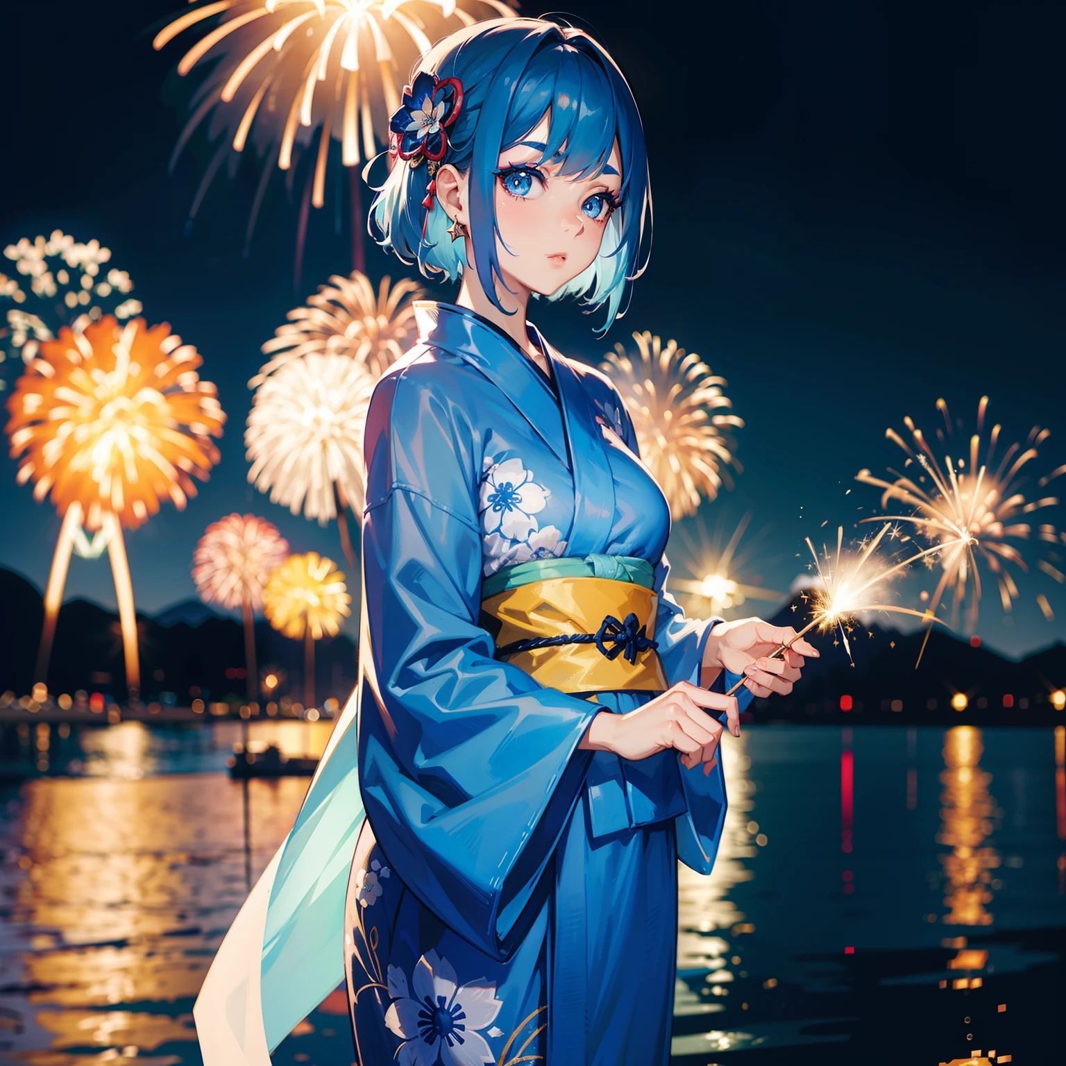 Woman with short light blue hair turns around、Sharp Eyebrows、big eye、Dark eyelashes、Blue-based makeup、Colorful floral yukata、Big, colorful fireworks、natta、full body Esbian、(highestdetailed)、(Highest image quality 8K)、(Vibrant colors)、(Professional Shadow)、(fantastic color)、(sparklers:femele=2:1)