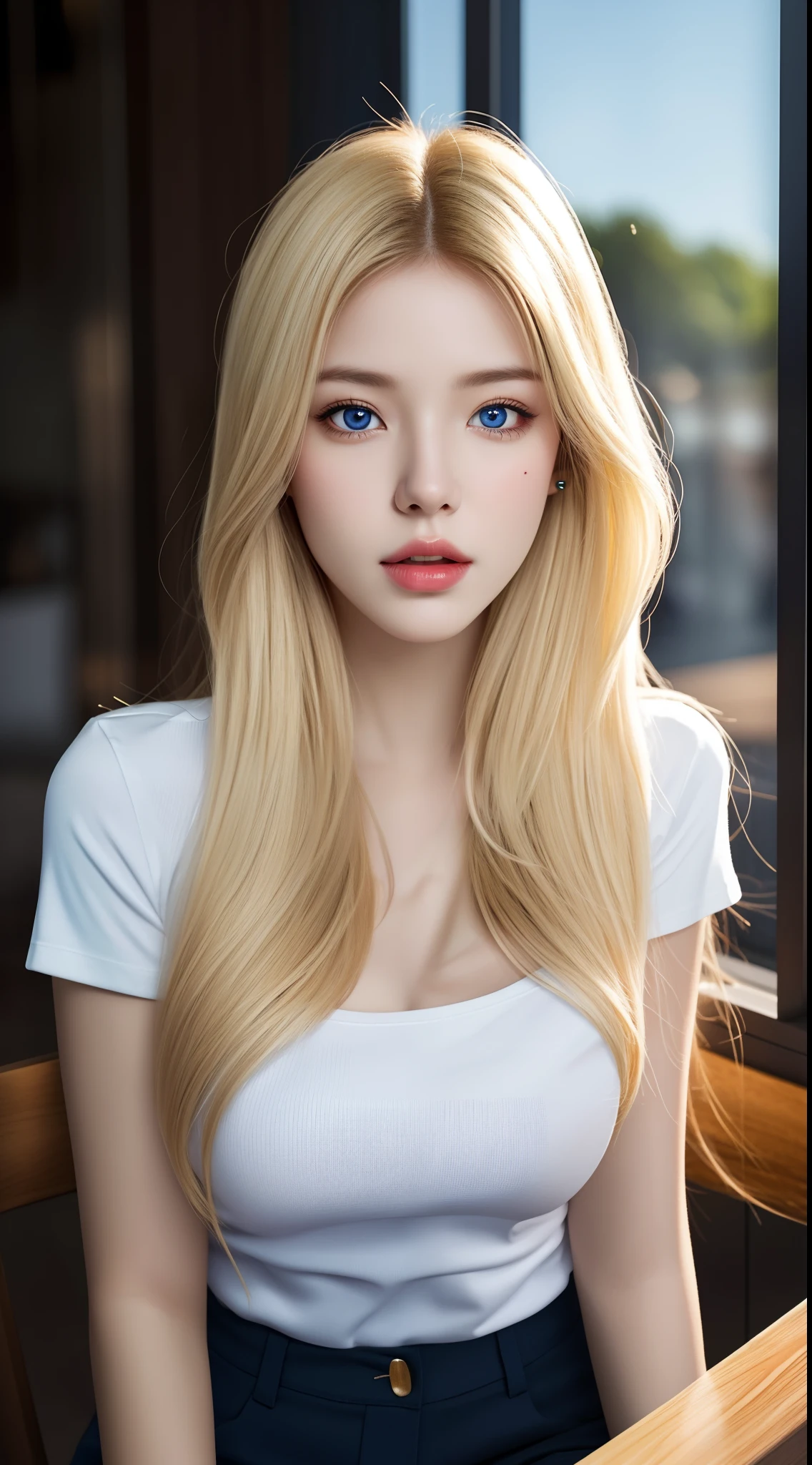 (hyperrealistic), (illustration), (high resolution), (8K), (extremely detailed), (best illustration), (beautiful detailed eyes), (best quality), (ultra-detailed), (masterpiece), (wallpaper), (photorealistic:1.4), (natural light), (rim lighting), (detailed face), high detailed realistic asian skin texture, anatomically correct, solo, 1 girl, (high detailed realistic long blonde hair:1.3), heterochromic eyes, (detailed blue eyes), small moles under the eyes, (realistic big breasts:1.5), long legs, tight abs, dynamic pose, white tight t-shirt, navy formal blazer, (upon body from head to thighs:1.4)