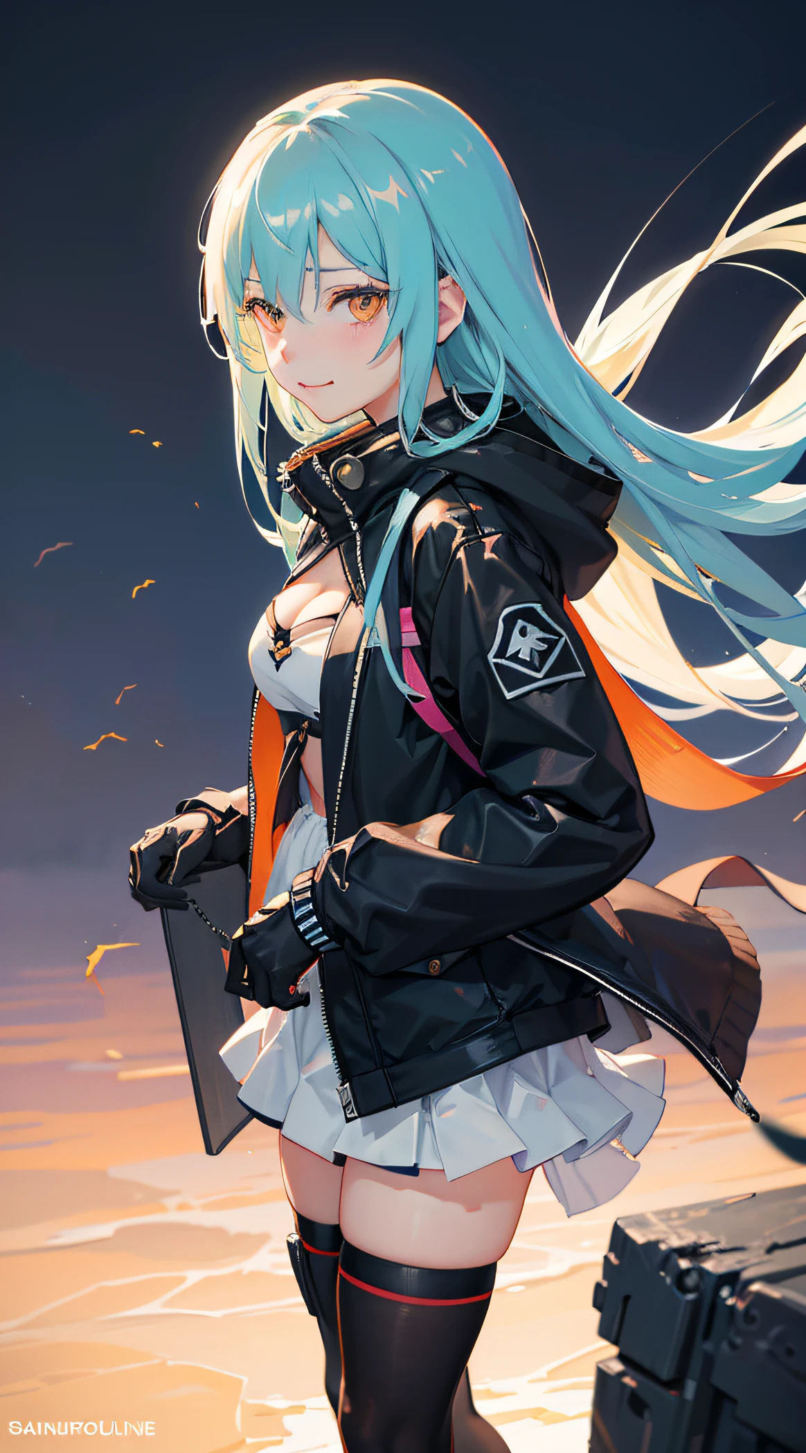 Anime girl with skateboard in hand, Seductive Anime Girl, Kantai Collection Style, from girls frontline, girls' frontline, ?????, charming anime girls, sultry smirk, a-1 pictures, Sexy gaze, Revealing clothes, girls frontline style, Anime Girls, Anime Best Girl, NSFW, masutepiece, Best Quality, 1girl in, Detailed cleavage view, , Dress, ulzzangs, 1girl, beautiful HinataNS, solo, looking_at_viewer, smile, hood, upper_body, konohagakure_symbol, closed_mouth, forehead_protector, fishnets, gradient, gradient_background volumetric lighting, best quality, masterpiece, intricate details, tonemapping, sharp focus, hyper detailed, trending on Artstation, masterpiece,best quality,(night:1.4),wild,mountain,((bioluminescent details)),1girl,solo, colorful hair,