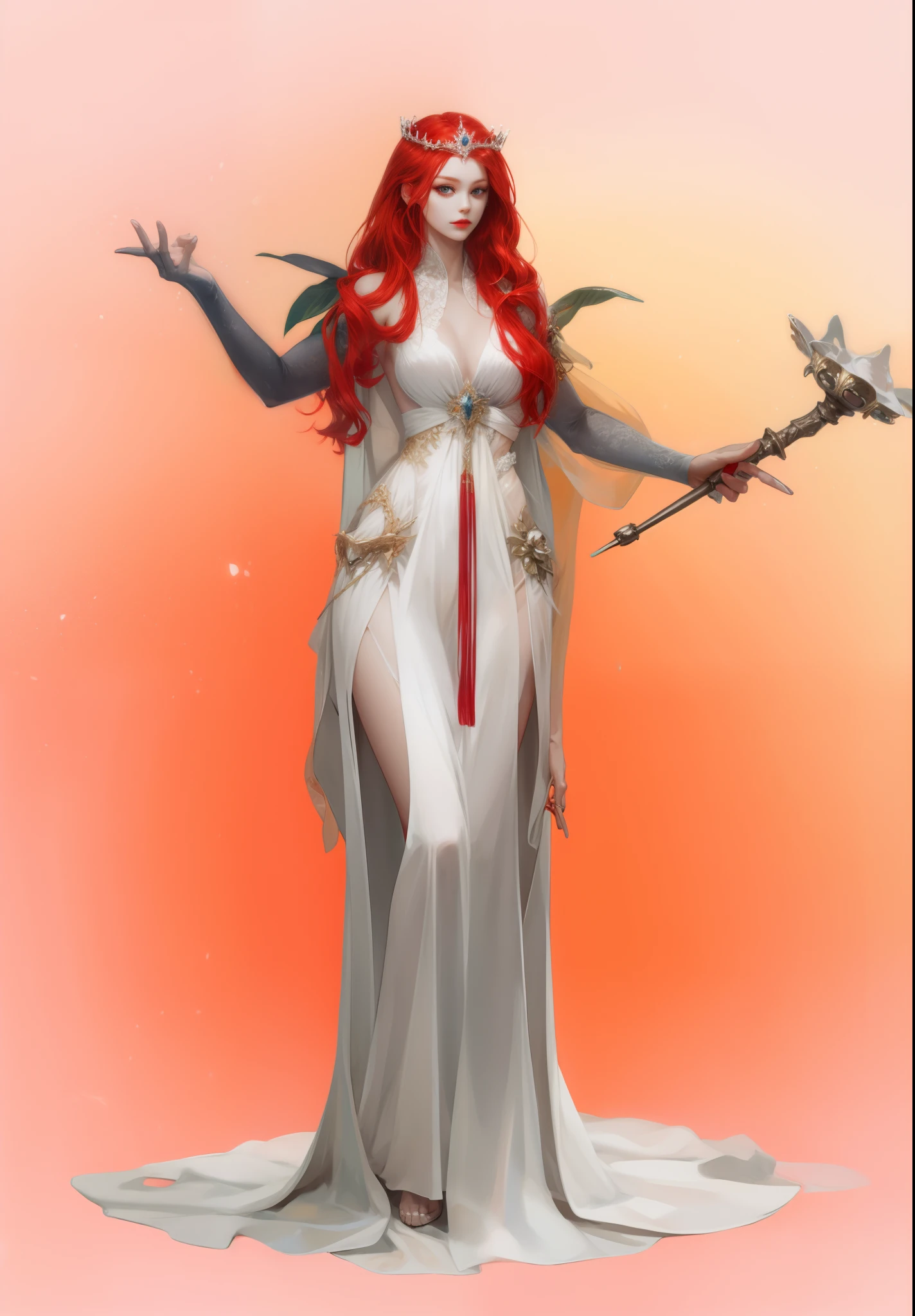 fantasy, beautiful woman wearing white dress with red hair, holding magic wand and holding crown, full body