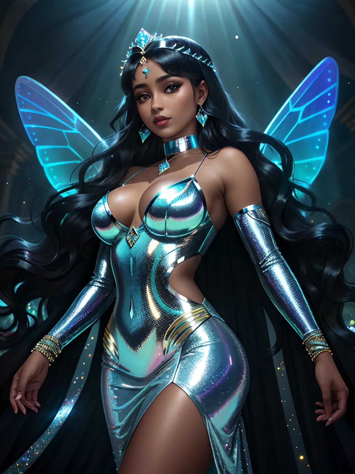 ((melhor qualidade)), ((obra-prima)), (altamente detalhado:1.3) espartilho, mulher gordura, mulher negra, mulher com pele escura, pele cor de chocolate, pele realmente escura, pele muito escura, pele escura, her every feature bathed in the ethereal glow of a holo color scheme, cativante e hipnotizante, Vestido bodycon adornado com cintilantes, shifting, e tons iridescentes, refletindo a luz em uma tela deslumbrante, Holographic gems delicately reflecting a rainbow of colors, slender choker adding a touch of elegance, correntes douradas no body, pernas torneadas e seiso grandes, Ondas elegantes de cabelo, cintilante com tons brilhantes combinando com o esquema de cores holo, holographic makeup adorning her eyes and lips, holo-infused ambiance, floating orbs illuminating the space in iridescent glory, magnetic presence exuding grace, confidence, and a unique allure that captures all attention., seios fartos, seios grandes, seios grandes, gordura, seios grandes, coxas grandes, bundas grandes, perfect hands, beautiful hands, rosto detalhados, perfect hands, background of a cosmic palace, Celestia Palace, asas translucidas de mariposa, perfect hands, asas de mariposa, asas, alada, translucent wings, asas de maripsoa translucidas, mulher com o corpo grande curvilineo, suculento