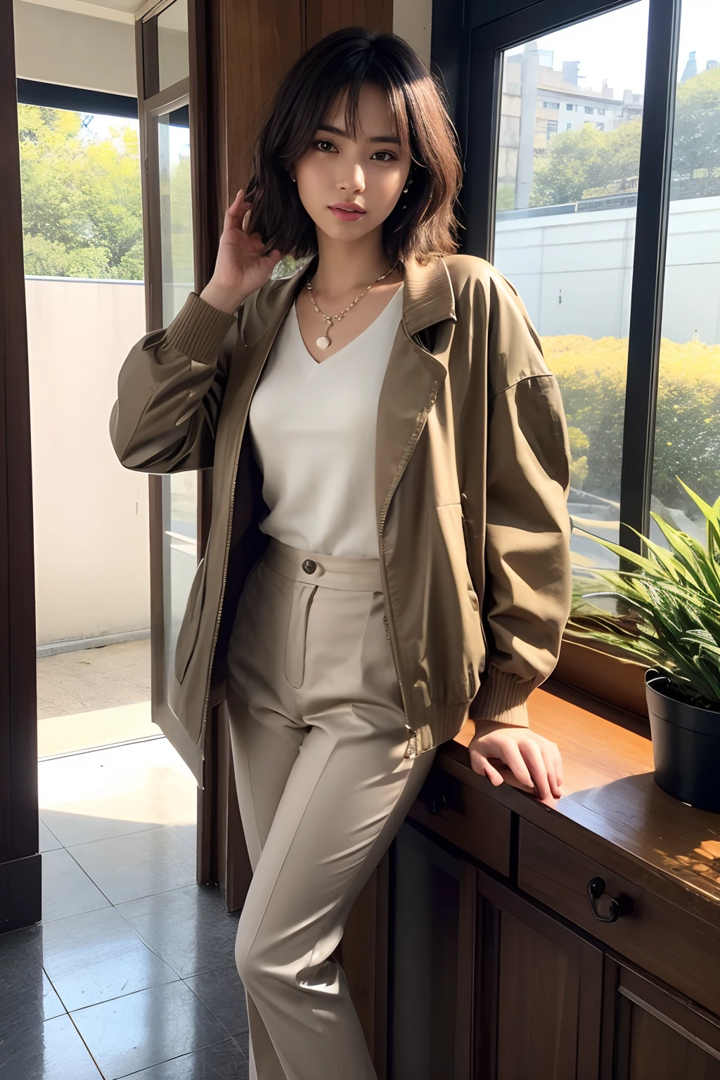 (masutepiece:1.2), Best Quality, High resolution, Unity 8k壁纸, (Illustration:1.0), Beautiful detailed eyes:, extra detailed face, Perfect Lighting, extremely details CG,
1girl in, Bare_tree, Black_hair, brown_Eyes, brown_hair, building, Dress, earrings, flower, Indoors, Jewelry, apples, Lips, Necklace, Outdoors, pearls_Necklace, plant, potted plant_plant, Short_hair, Solo, tree, window, up looking_で_viewer, Jacket, Pants, Bag, Chair, phone, The table, Handbag, Realistic