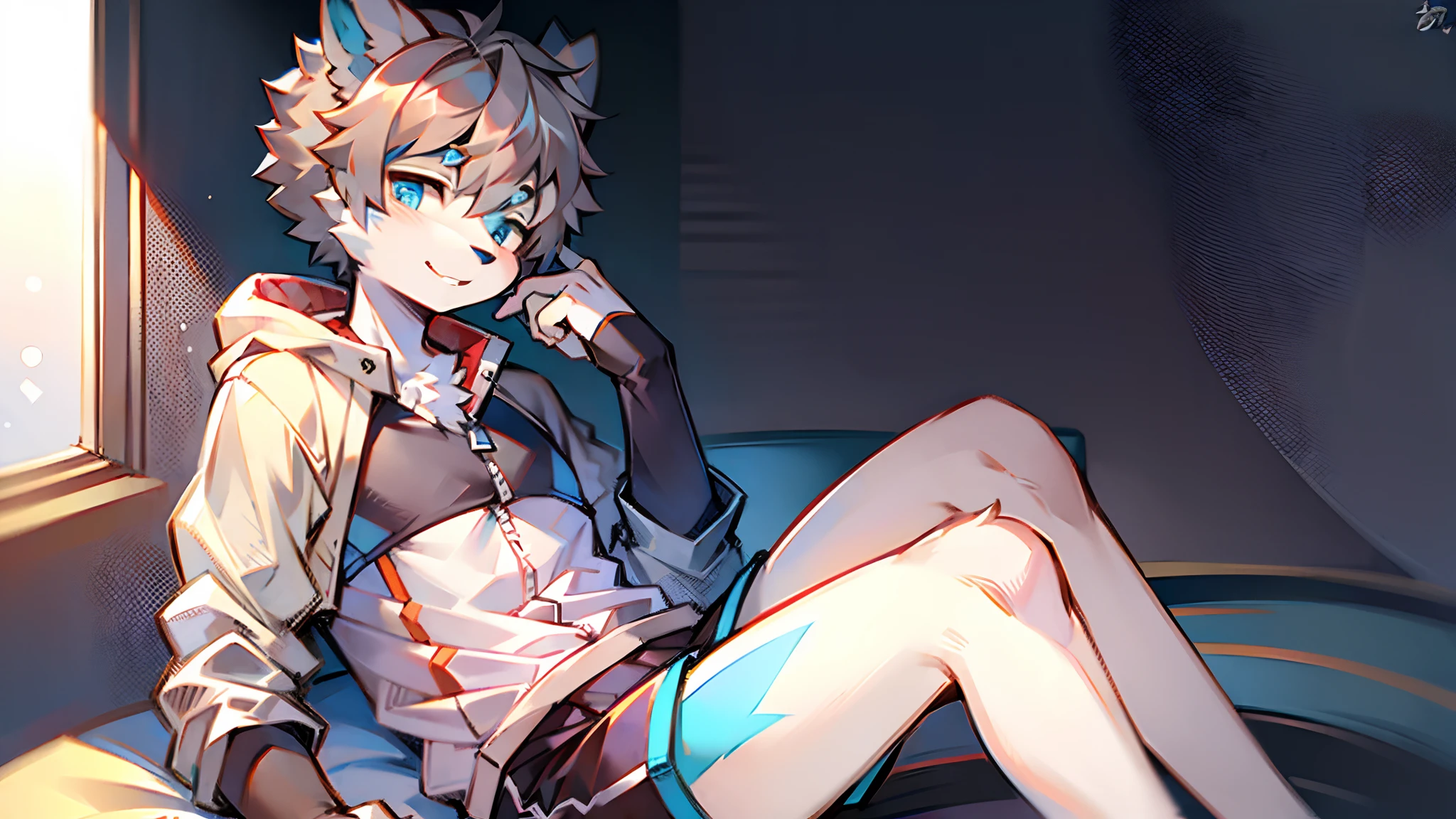 cat ear，blue color eyes，Gray hair，Gray-white hairy long legs。Short-haired men，leisure wear，Abs