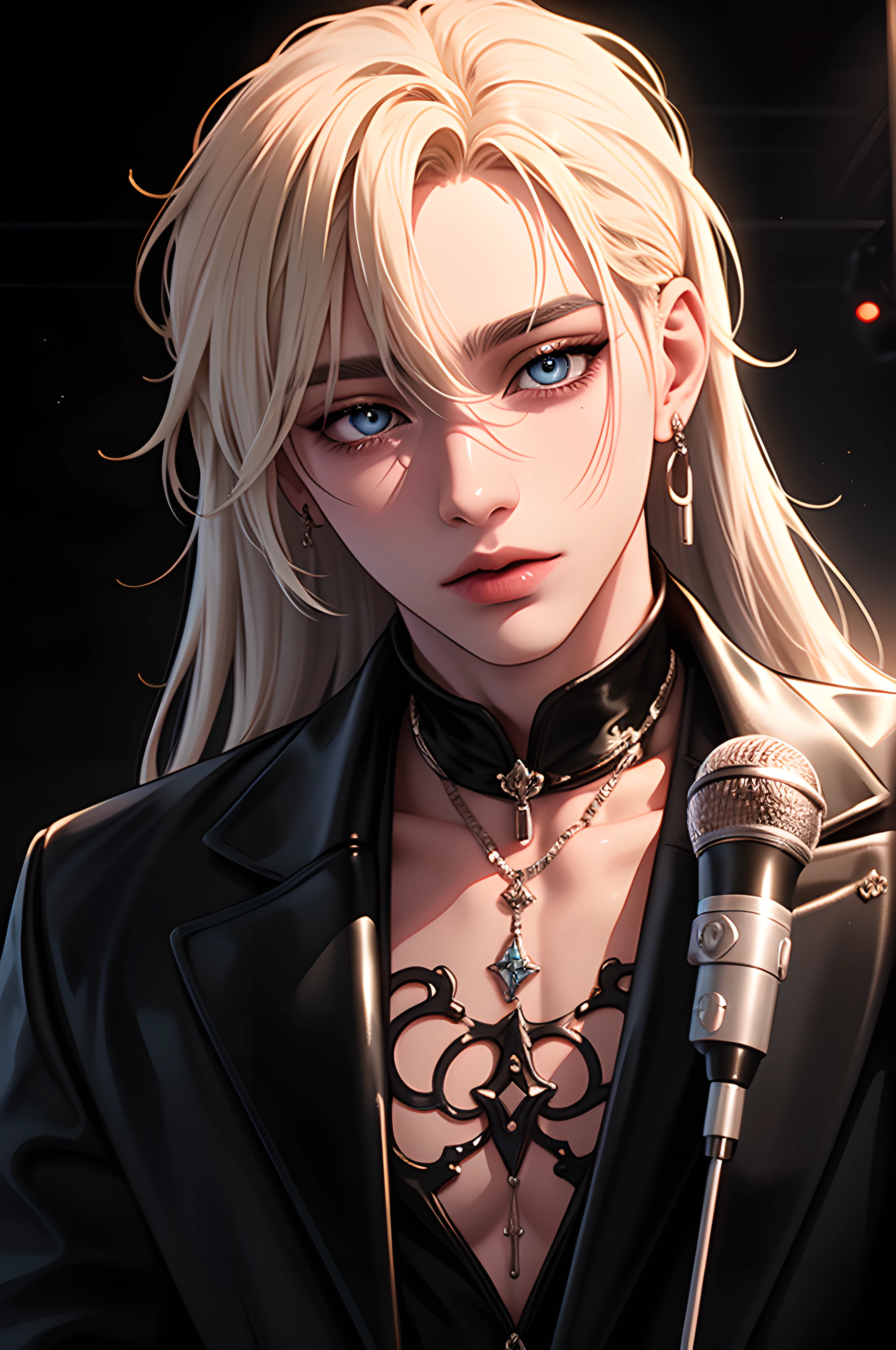 Male idol ((singer)) dancing, long white hair, wearing a gothic style tattered cropped jacket, leather holographic pants, blue eyes, 1boy, microphone, digital illustration, centered, approaching perfection, dynamic, highly detailed textures, 8k resolution, watercolor painting, artstation, concept art, smooth, sharp focus, art by wlop and ross tran, stage lights background, red and gold tetradic colors
