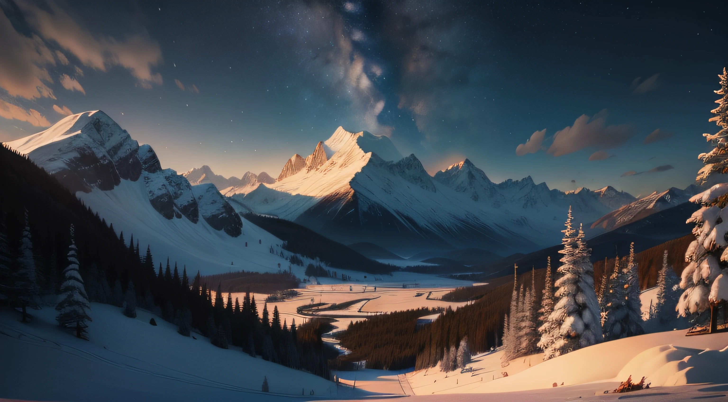 Wallpapers，8K，highly accurate，scenecy，snow mountains，Oyuki，bonfires，tenten，the night，starrysky