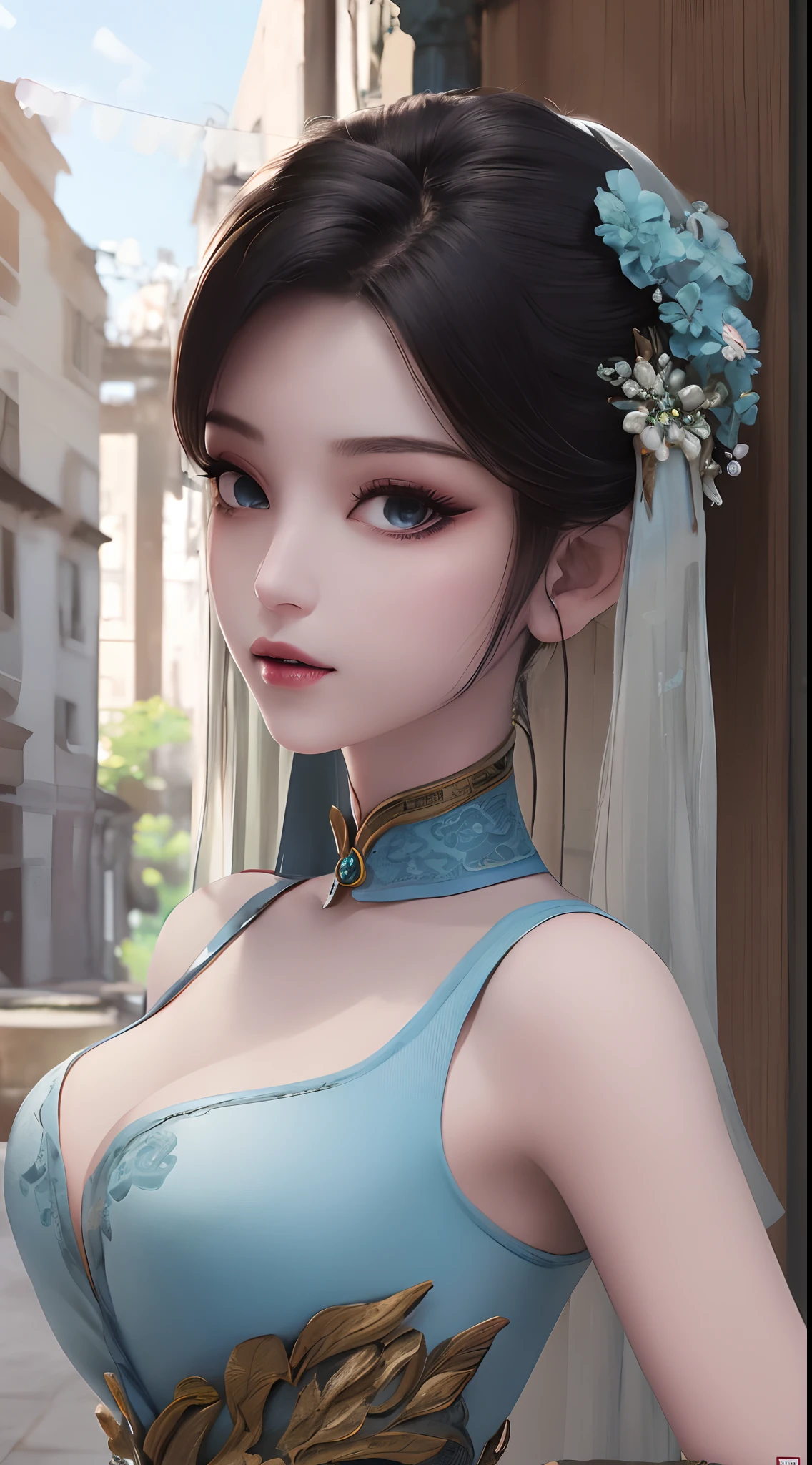 1 beautiful and cute realistic girl, tender young girl, waist length hair, long black hair with a hint of blue, light blue eyes, wearing a long, thin, blue dress with a hanfu style, ((blue dress with white lace border covering the girl's cleavage:0.8)), style hanfu, wearing a thin silk shirt of ancient China, pink and smooth white skin, wearing a discreet ancient style ao dai, appears shoulders and head in the photo,cute little face, eye bags under wet makeup, plump red lips, pout, ((closed mouth:1.0)), balanced incisors, embarrassed, small face makeup detailed and very beautifull, The breasts are super round and tight, breast augmentation, blum boobs, ((cover the girl's chest with a camisole inside:1.2)), blush, from front, wear earrings, necklaces, from above, looking at viewer, upturned eyes, upper body, masterpiece, top quality, best quality, official art, unity 8k wallpaper, highres, ultra-high res, ultra-detailed, (photorealistic:1.2), alone, solo, Only 1 girl, style hanfu Dunhuang, 10x pixels, super realistic, ultra high quality, full body view of the girl, upper body,