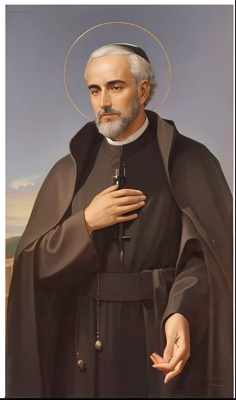um close up de uma pintura de um homem com um manto preto, inspirado em Charles McAuley, portrait of saint of the pit, inspirado em John F. Francisco, inspirado em Franciscoco de Holanda, inspirado em Franciscoco de Burgos Mantilla, inspirado em Giuseppe Antonio Petrini, inspirado em Cagnaccio di San Pietro, inspirado em Vincenzo Cabianca, Saint John Leonardi