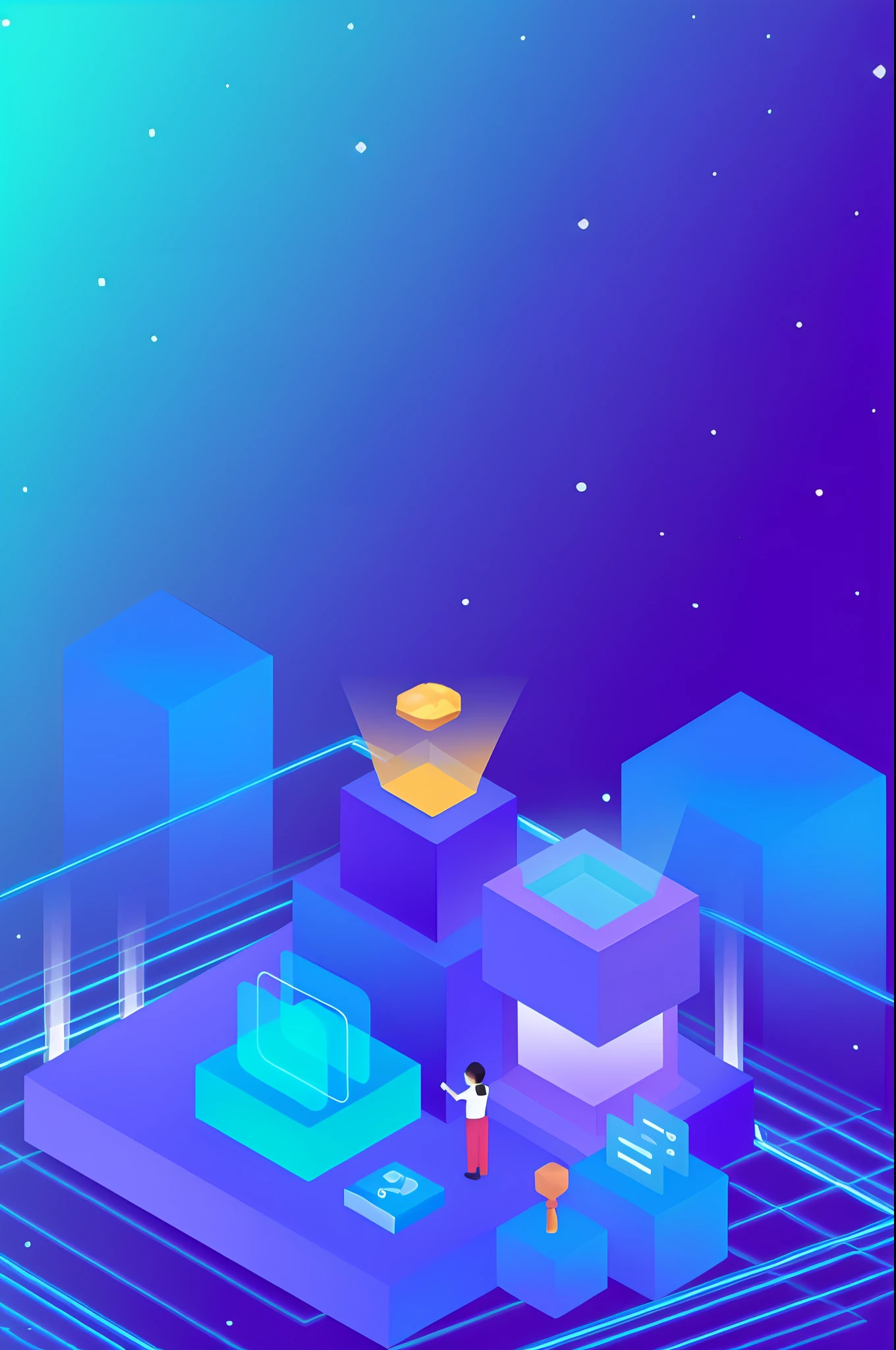 A man standing in the room with illustration of a computer and a lamp, isometric futuristic game, isometric 8k, isometric game, cryptocurrency in the background, isometric island in the sky, isometric illustration fun, Isometric style, isometric illustration, incredible isometric screenshot, 3 d isometric, 3d isometric, isometric 3 d