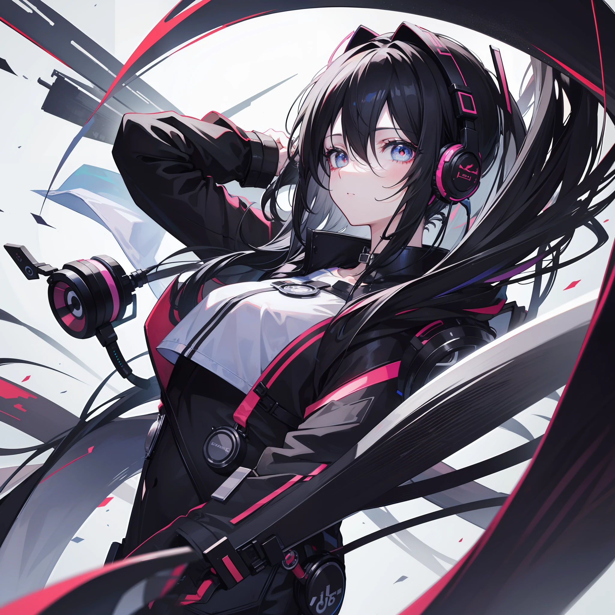 black hair, behind-the-head headphones, gradient eyes, anime style, UHD, retina, masterpiece, anatomically correct, high details, high quality, super detail, highres, 16k
