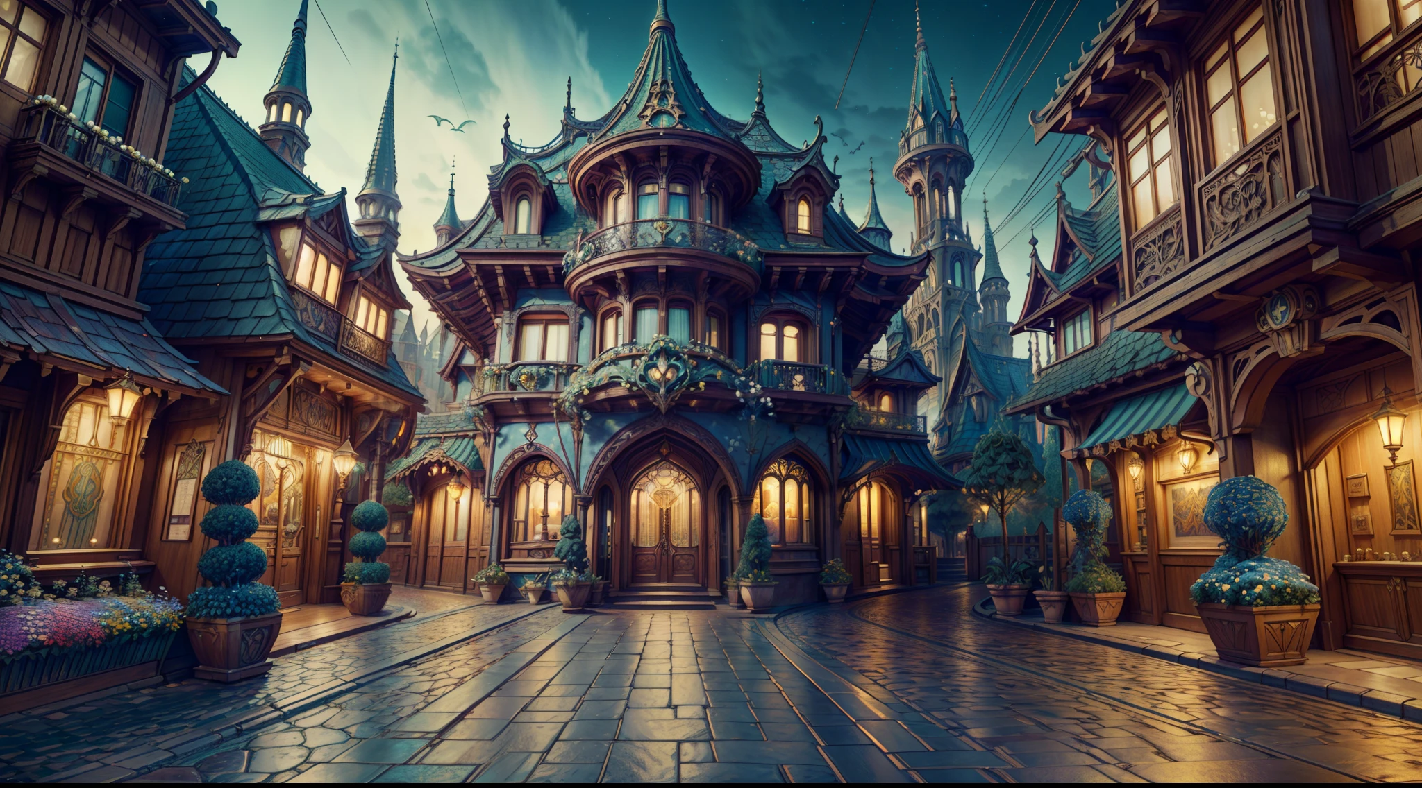 "picturesque town square, breathtaking architecture ((Art Nouveau style)), ((paved street)), charming, enchanting magical fantasy ambiance, (masterpiece), (best quality), (ultra-detailed) beautiful surroundings in the background, many flowers and trees, insanely detailed and intricate, hypermaximalist, elegant, ornate, hyper realistic, Cinematic Lighting, Side-View, scenery, octane render"