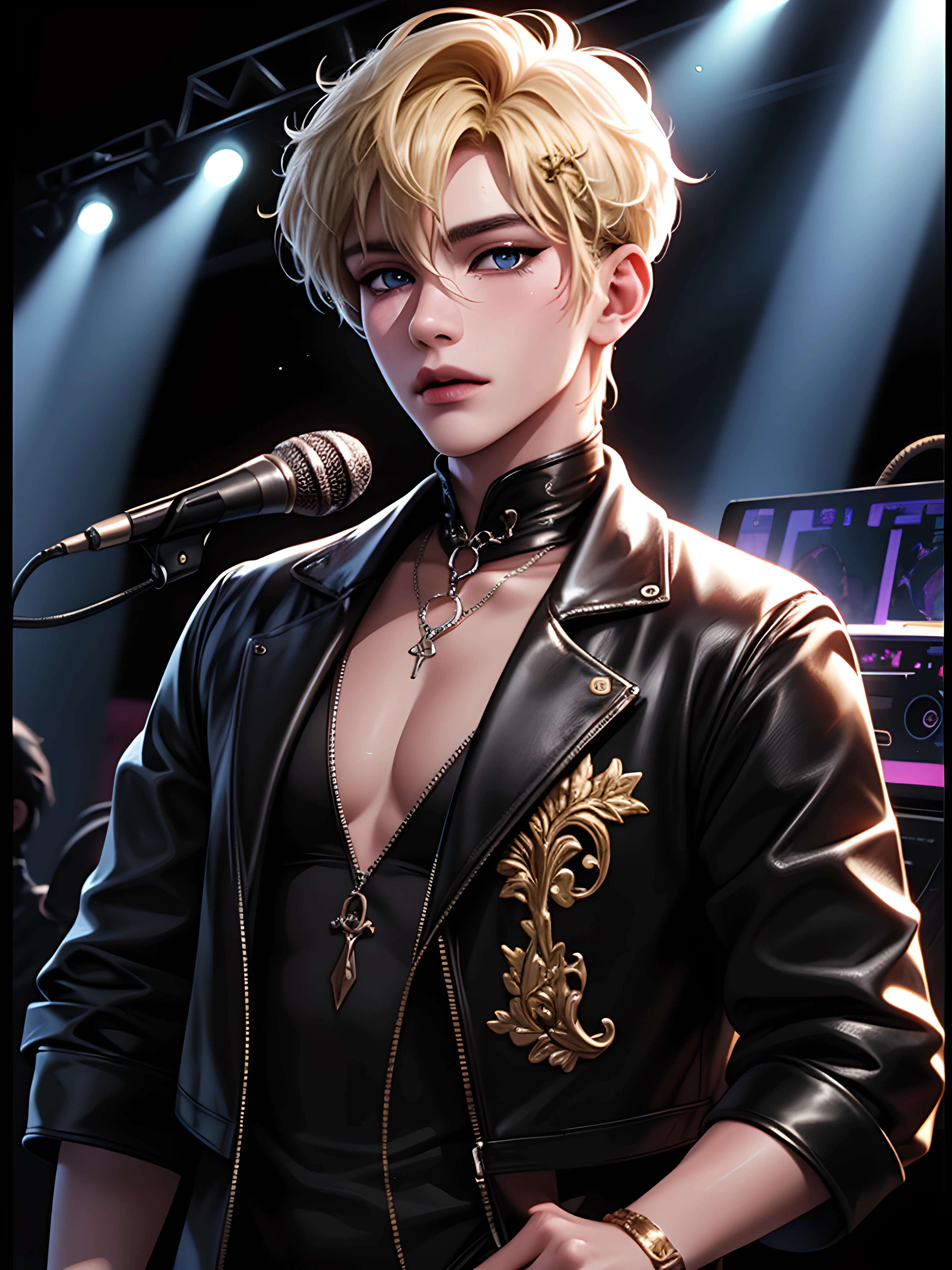 Male idol ((singer)), blonde hair, wearing a gothic style tattered cropped jacket, leather holographic pants, blue eyes, 1boy, microphone, digital illustration, approaching perfection, dynamic, highly detailed textures, 8k resolution, watercolor painting, artstation, concept art, smooth, art by wlop and ross tran, stage lights background, red and gold tetradic colors